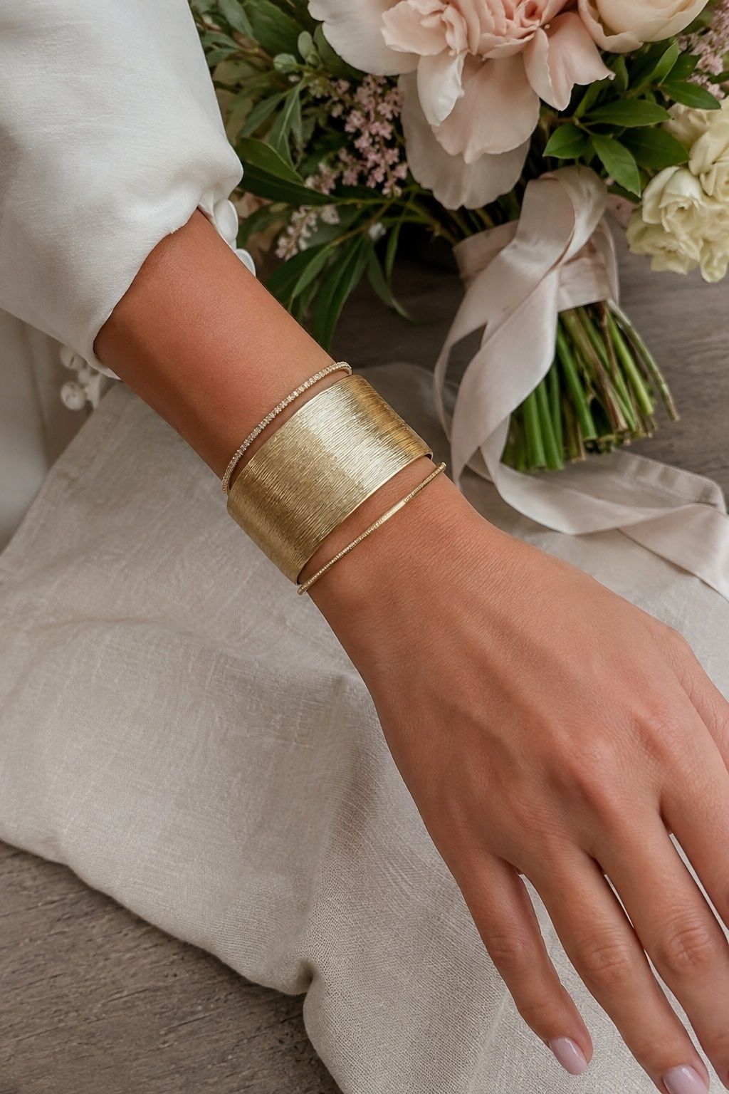 Thin bangles around one statement cuff