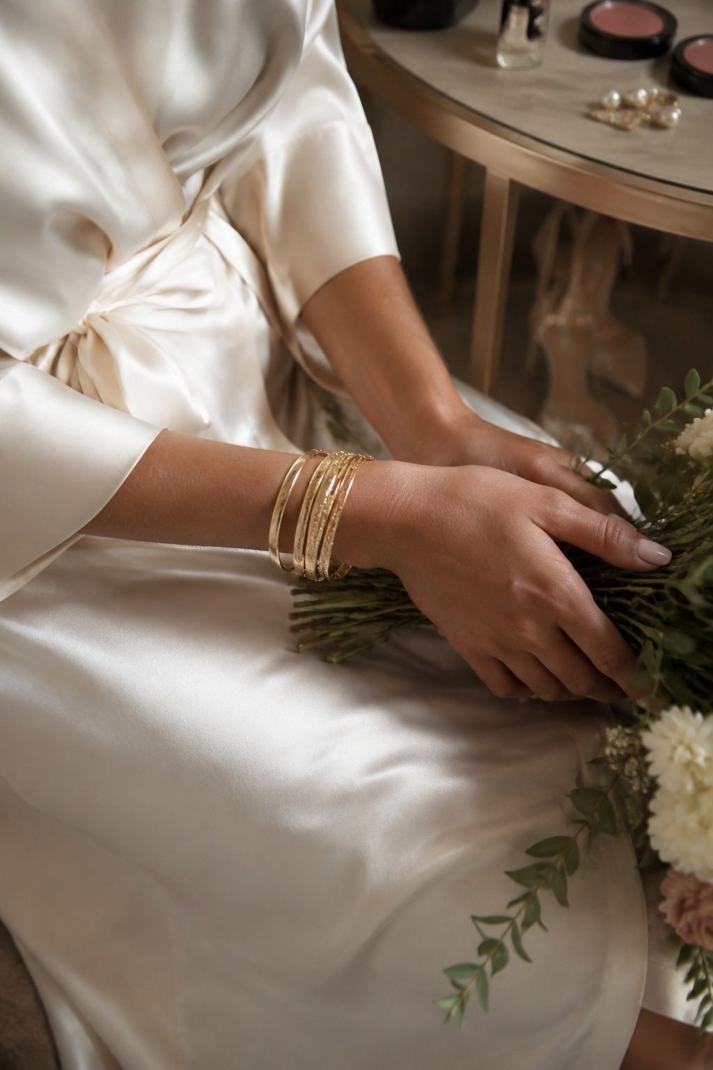 Warm gold bangles against ivory satin