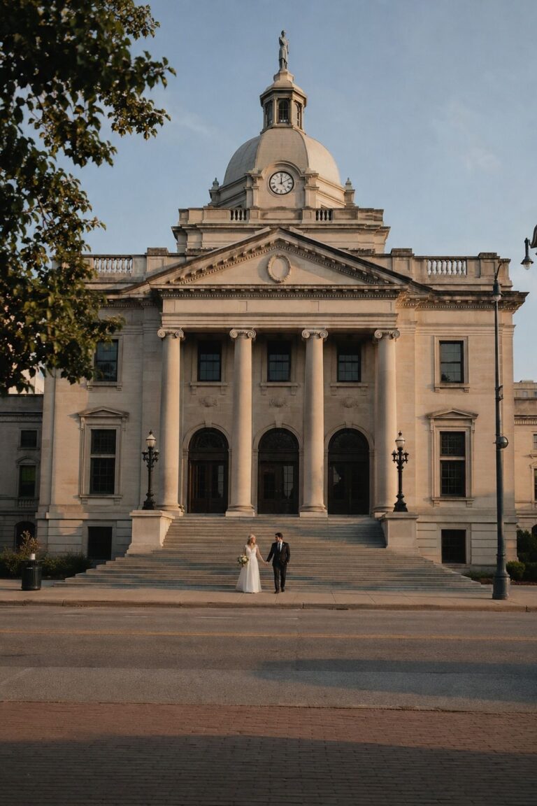 Wide city hall establishing wedding photograph with newlyweds small on the steps