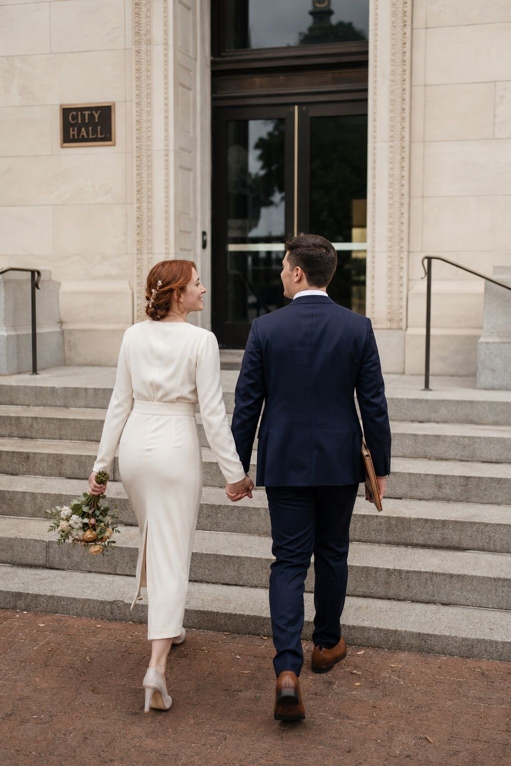 Couple approaching city hall with a bouquet and document folder.