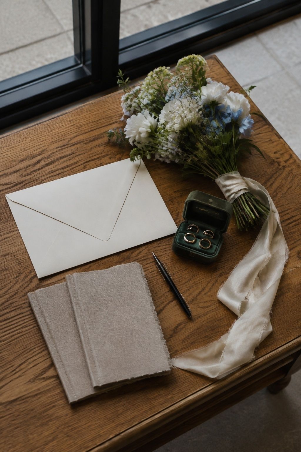 Vow books, wedding rings, a signing pen and a document envelope beside a small bouquet.