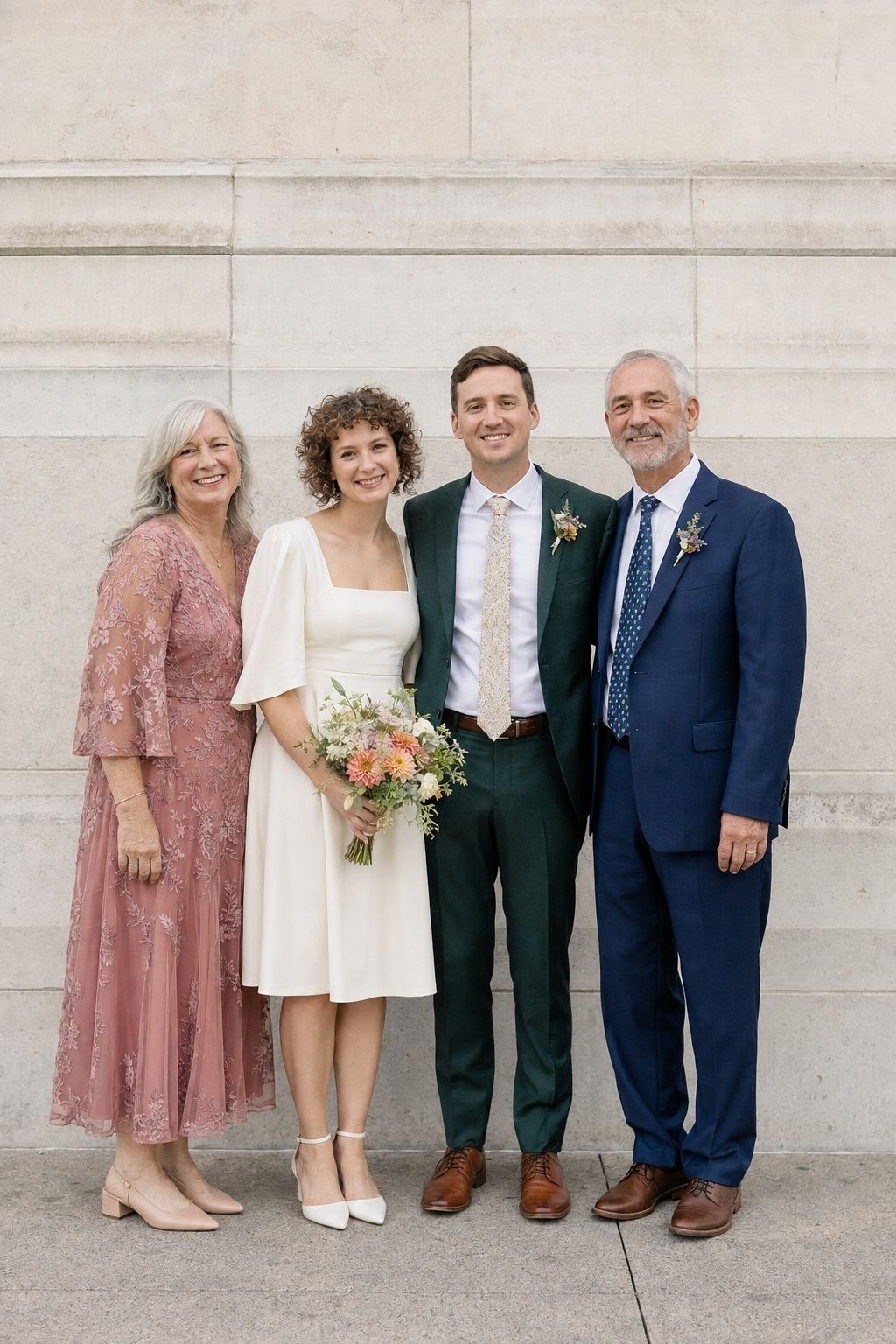 Newlyweds with two close relatives in a small group portrait outside city hall.