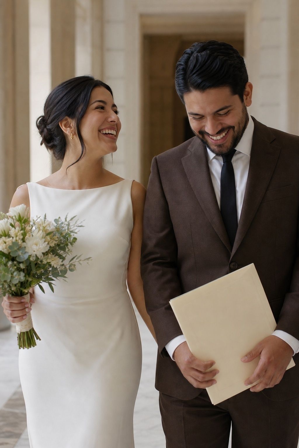 A couple laughing together in the hallway immediately after their civil ceremony.