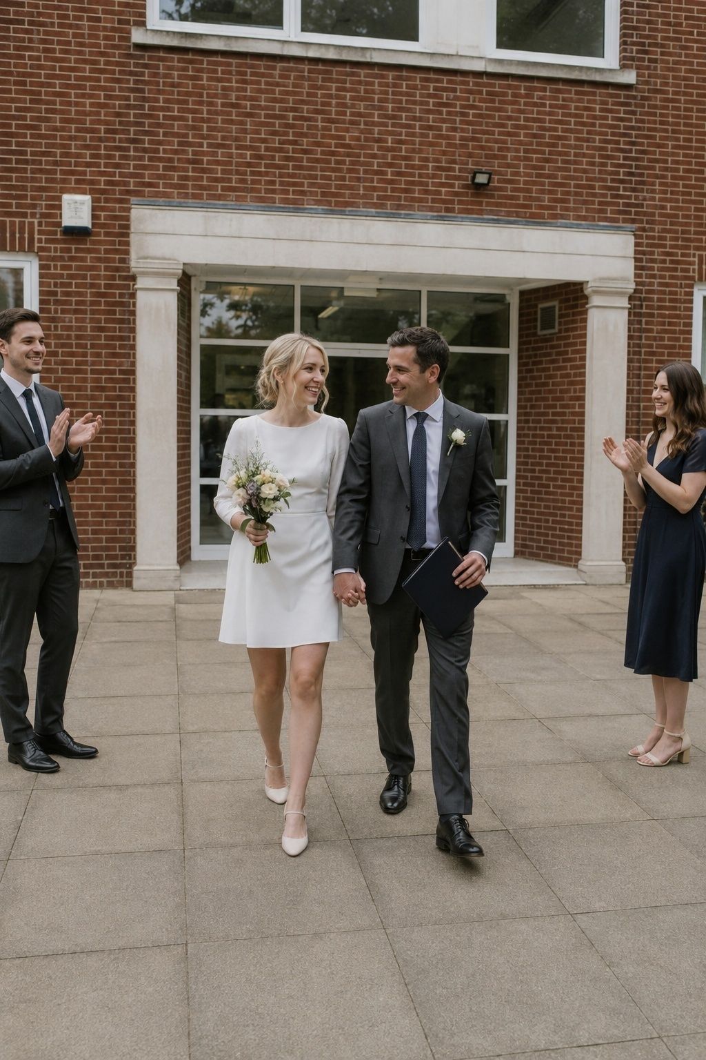 Friends applauding newlyweds during a simple confetti-free city hall exit.