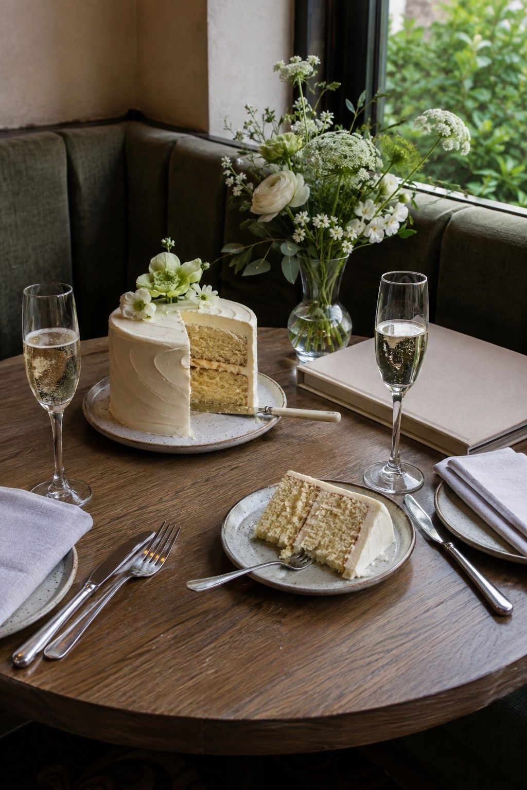 A small wedding cake, champagne and bouquet at a cafe lunch after a civil ceremony.