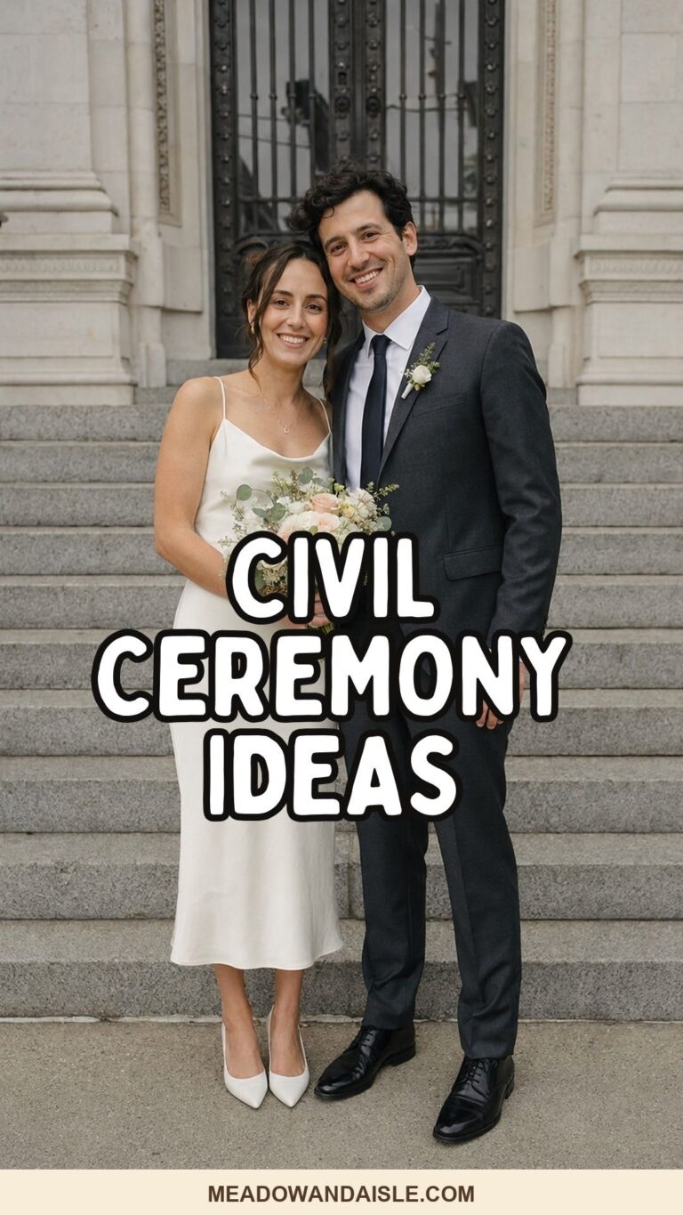 Civil ceremony ideas Pinterest pin with a newlywed couple at city hall