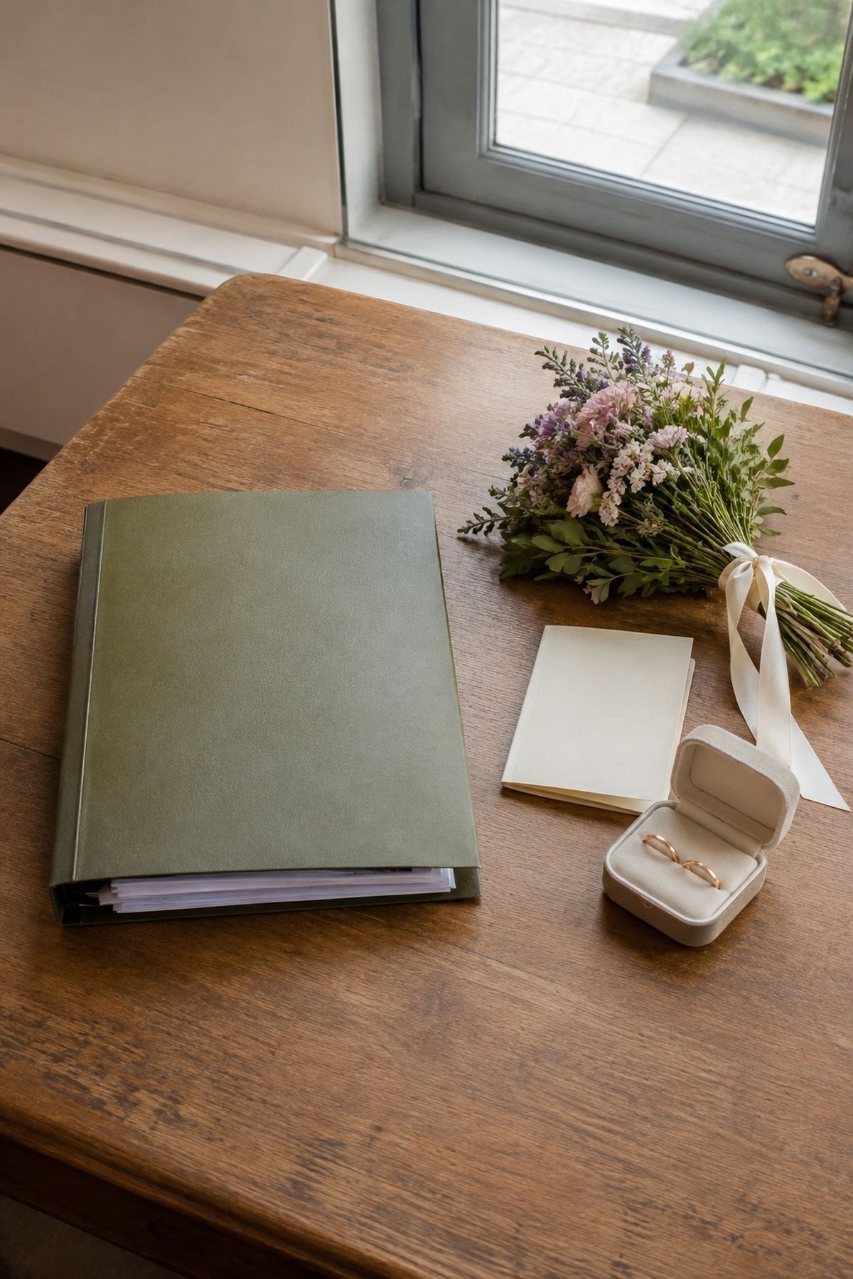 Civil ceremony document folder beside vow books, rings, and a compact bouquet