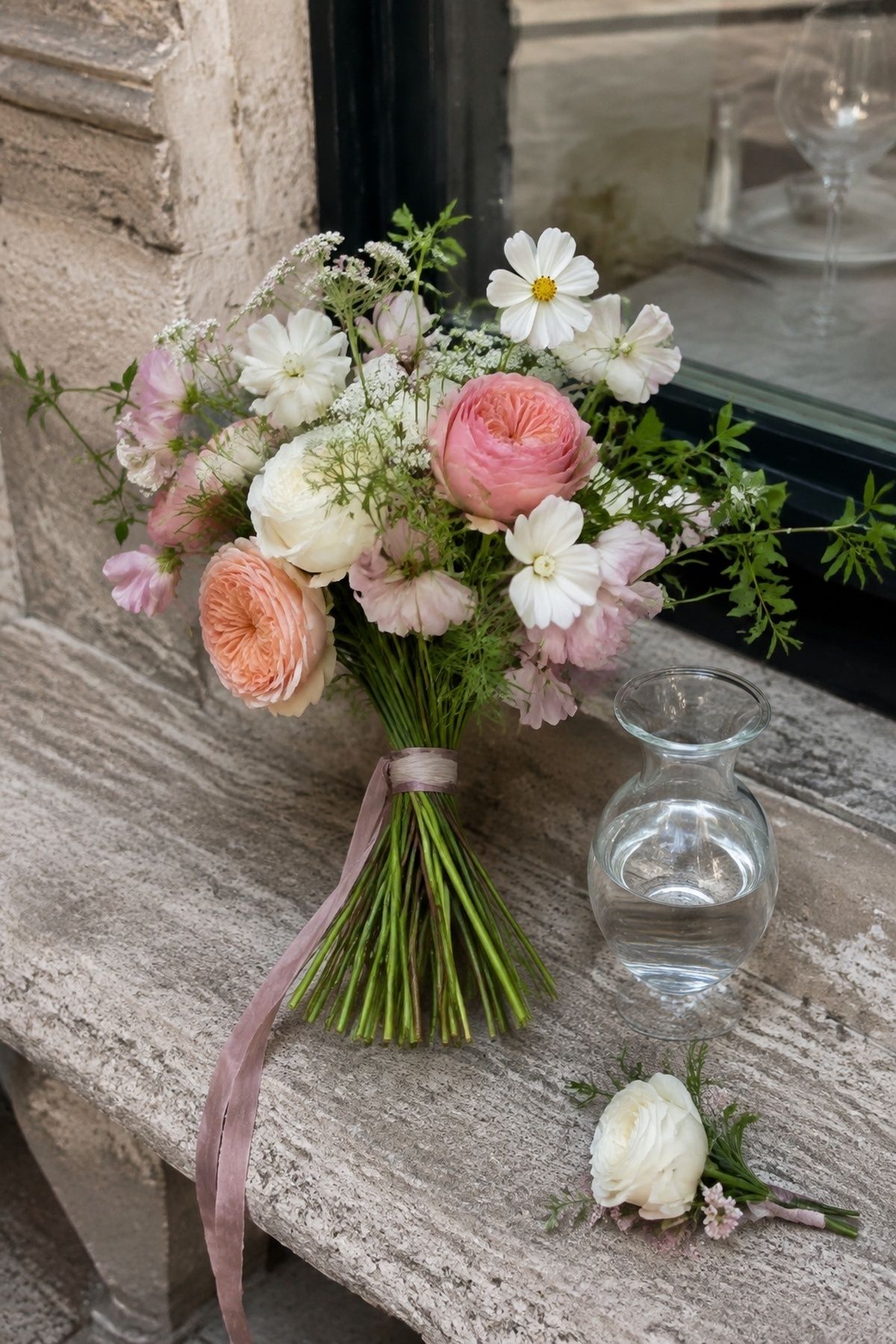 Compact civil ceremony bouquet beside a small water vase and boutonniere
