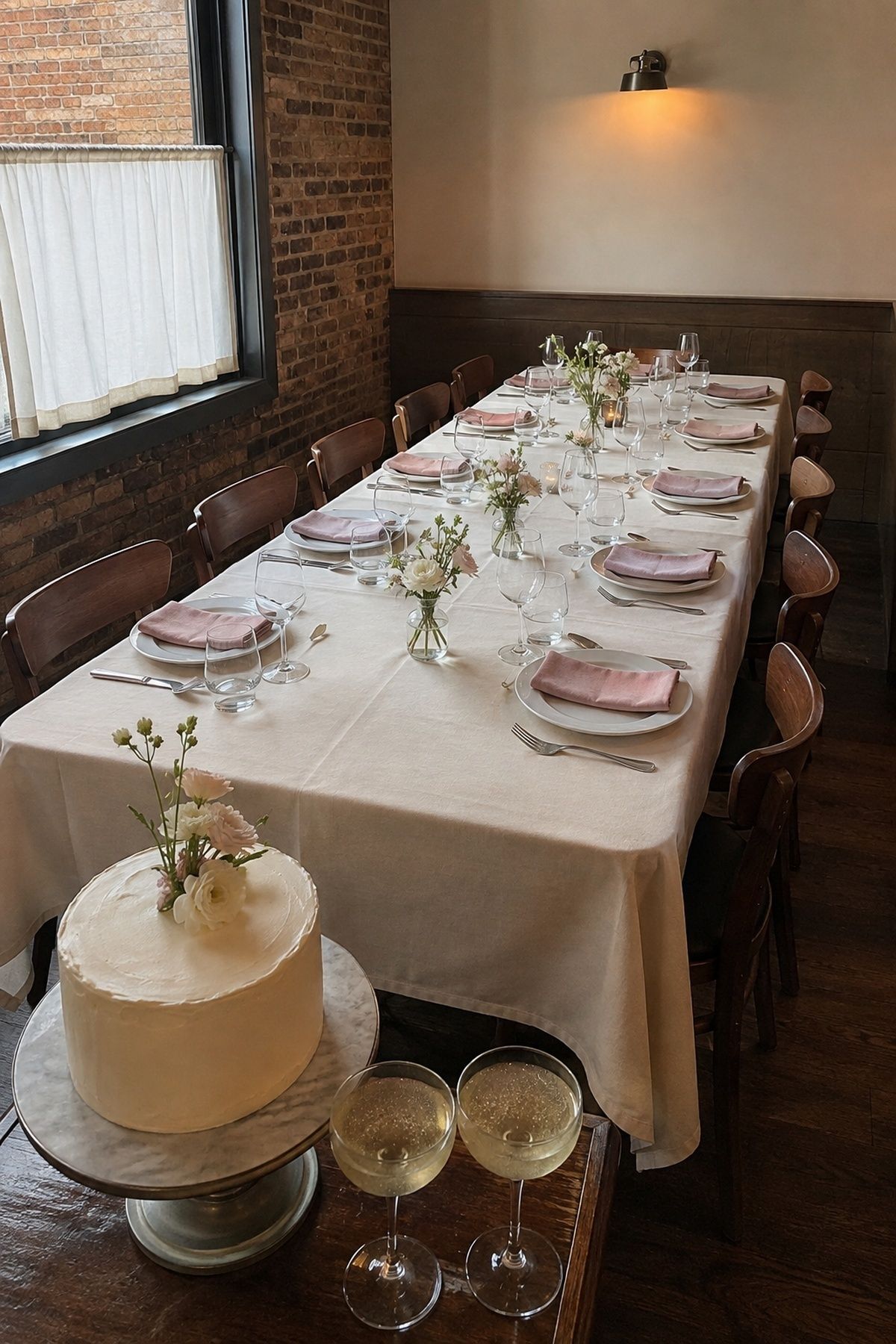 Intimate restaurant table with a small cake and champagne after a civil ceremony