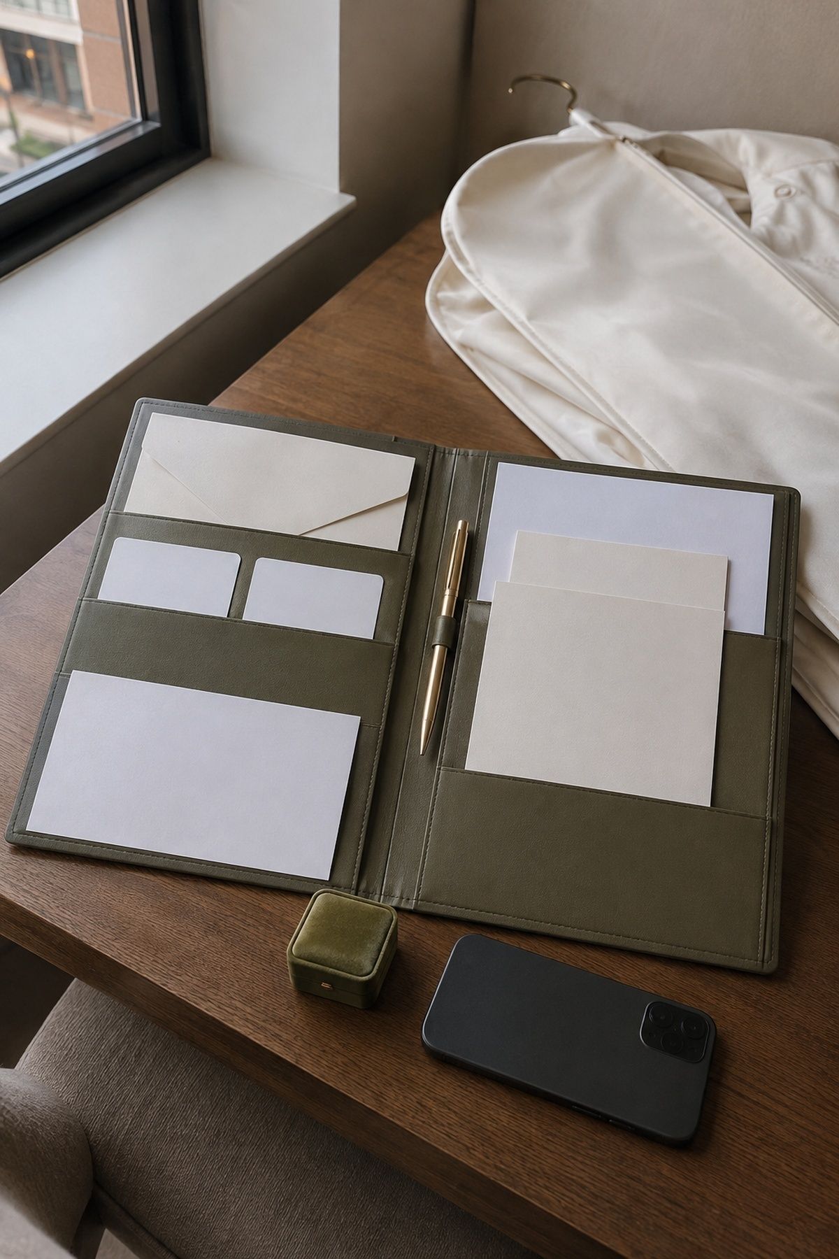 Open civil ceremony document folder with papers, pen, ring box, and phone