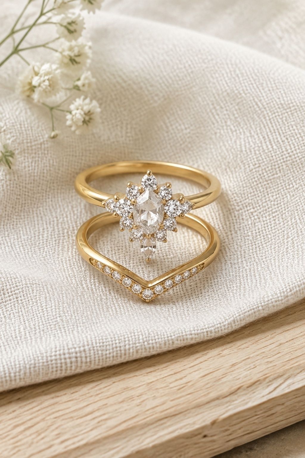 Cluster engagement ring paired with a shaped wedding band
