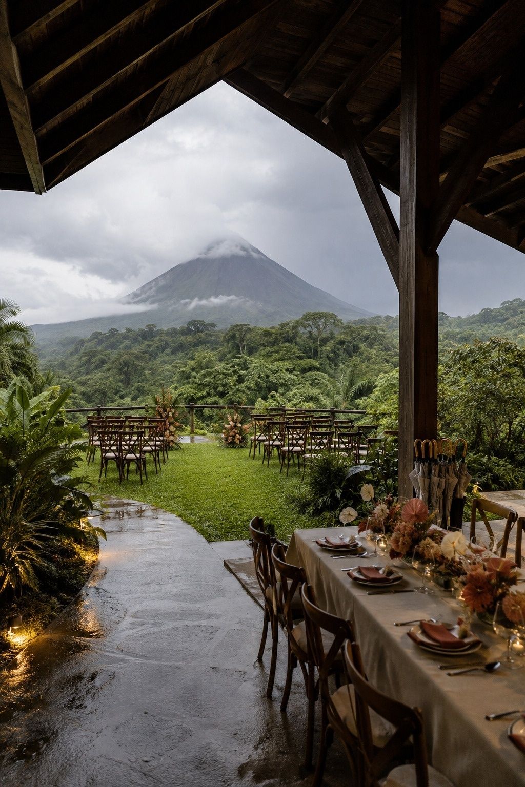 Wedding setup with views of Arenal Volcano