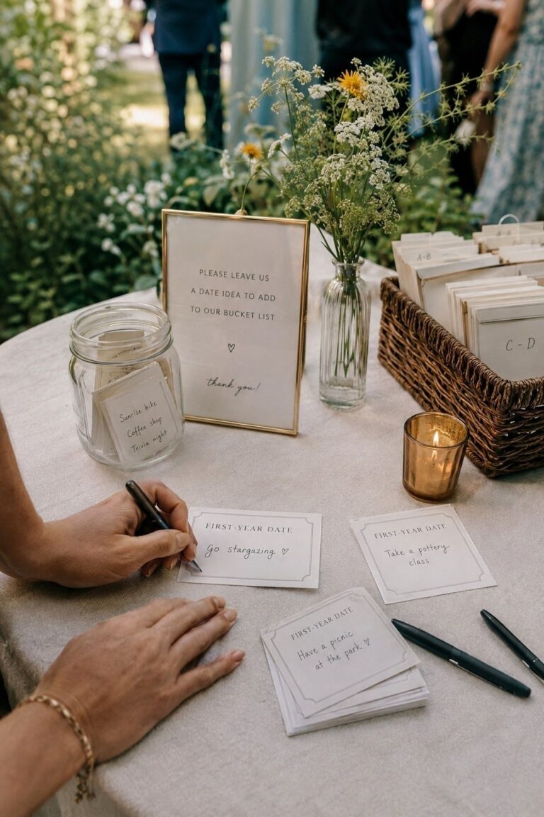First-Year Date Ideas couple bucket list cards at an intimate wedding