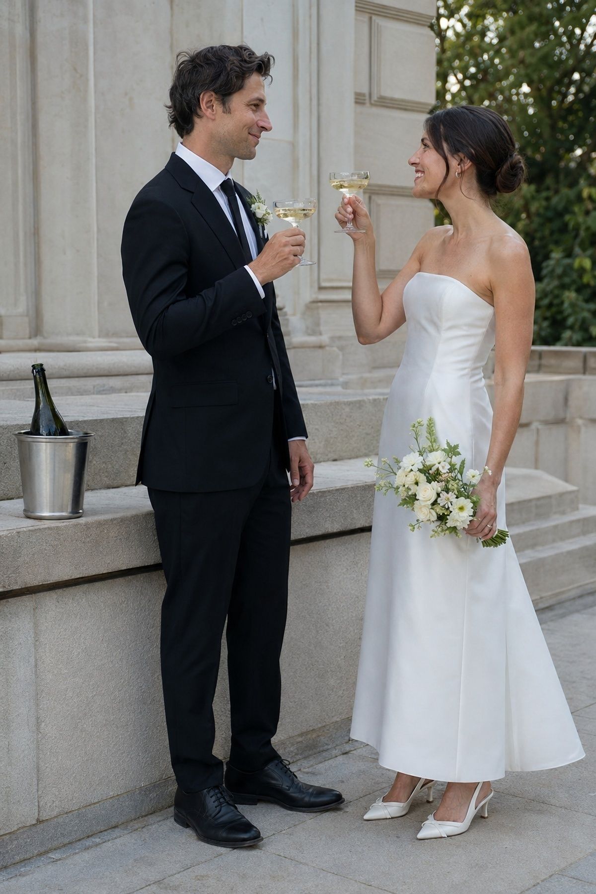 Champagne toast outside the courthouse building