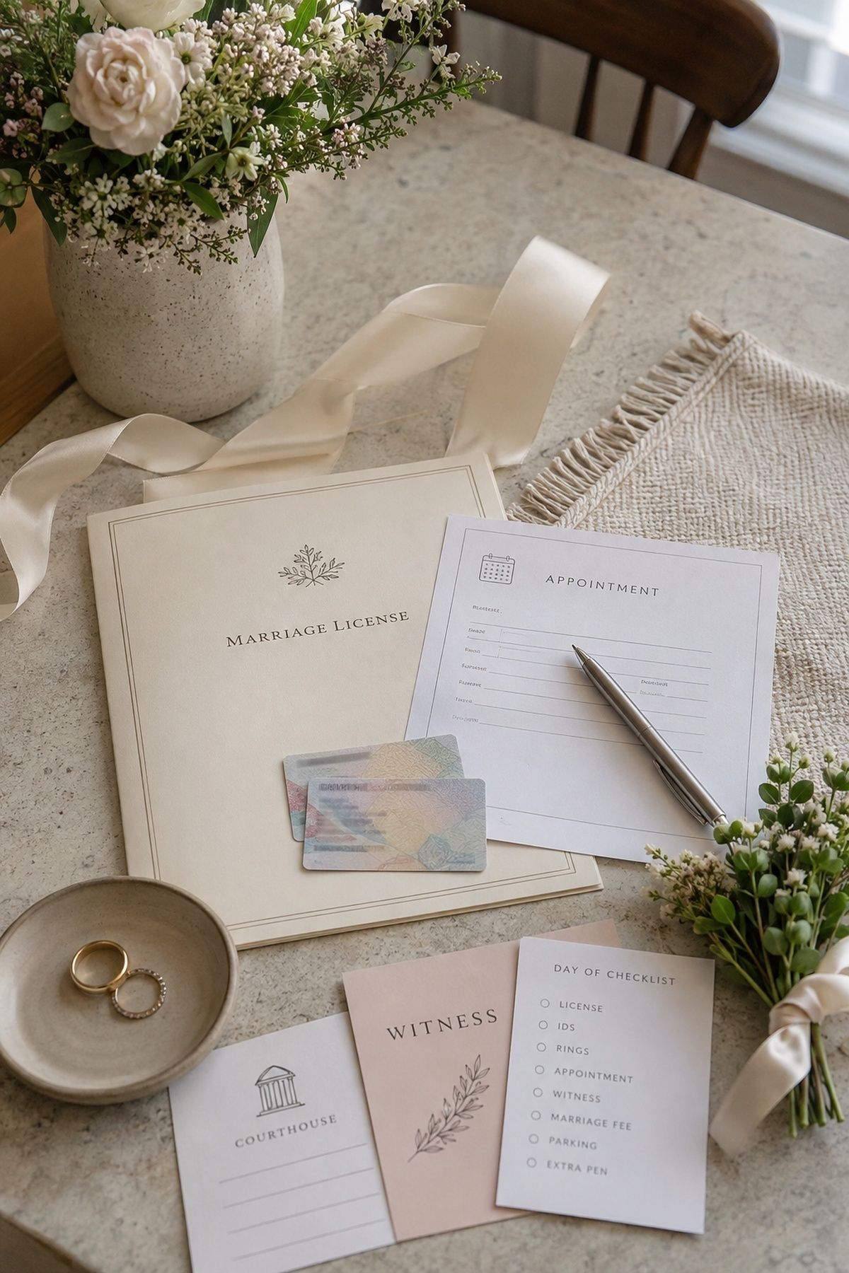 Marriage license and legal paperwork for a courthouse wedding