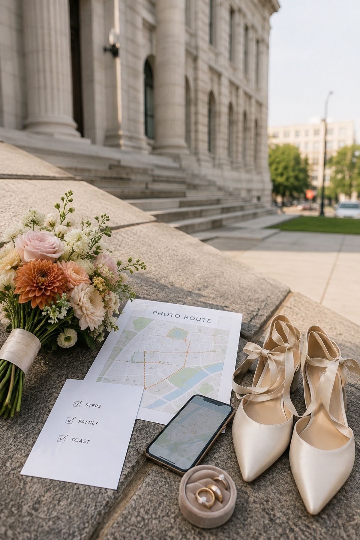 Couple taking wedding photos outside the courthouse