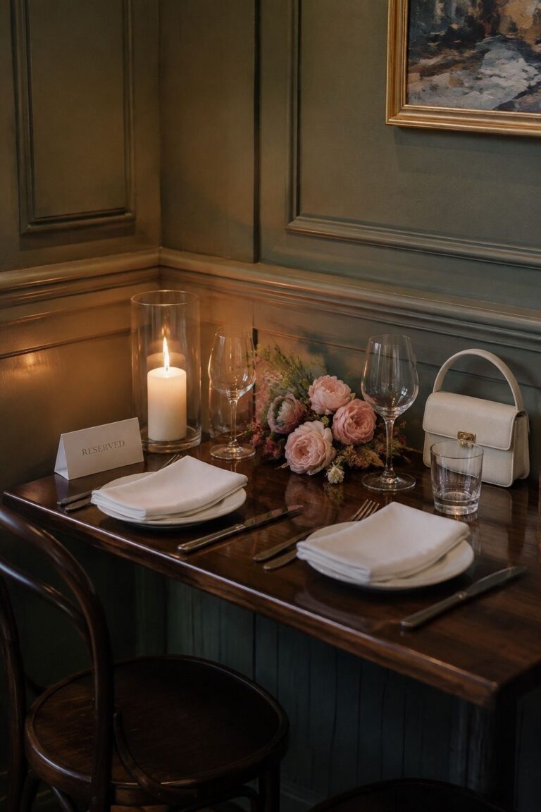 Private restaurant table for two with pink wedding flowers, candles and an ivory bridal bag