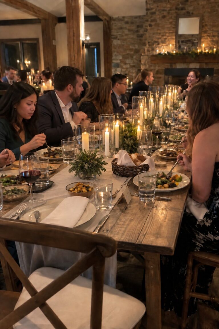 Guests share dinner at a long winter wedding table lit by protected warm candles.