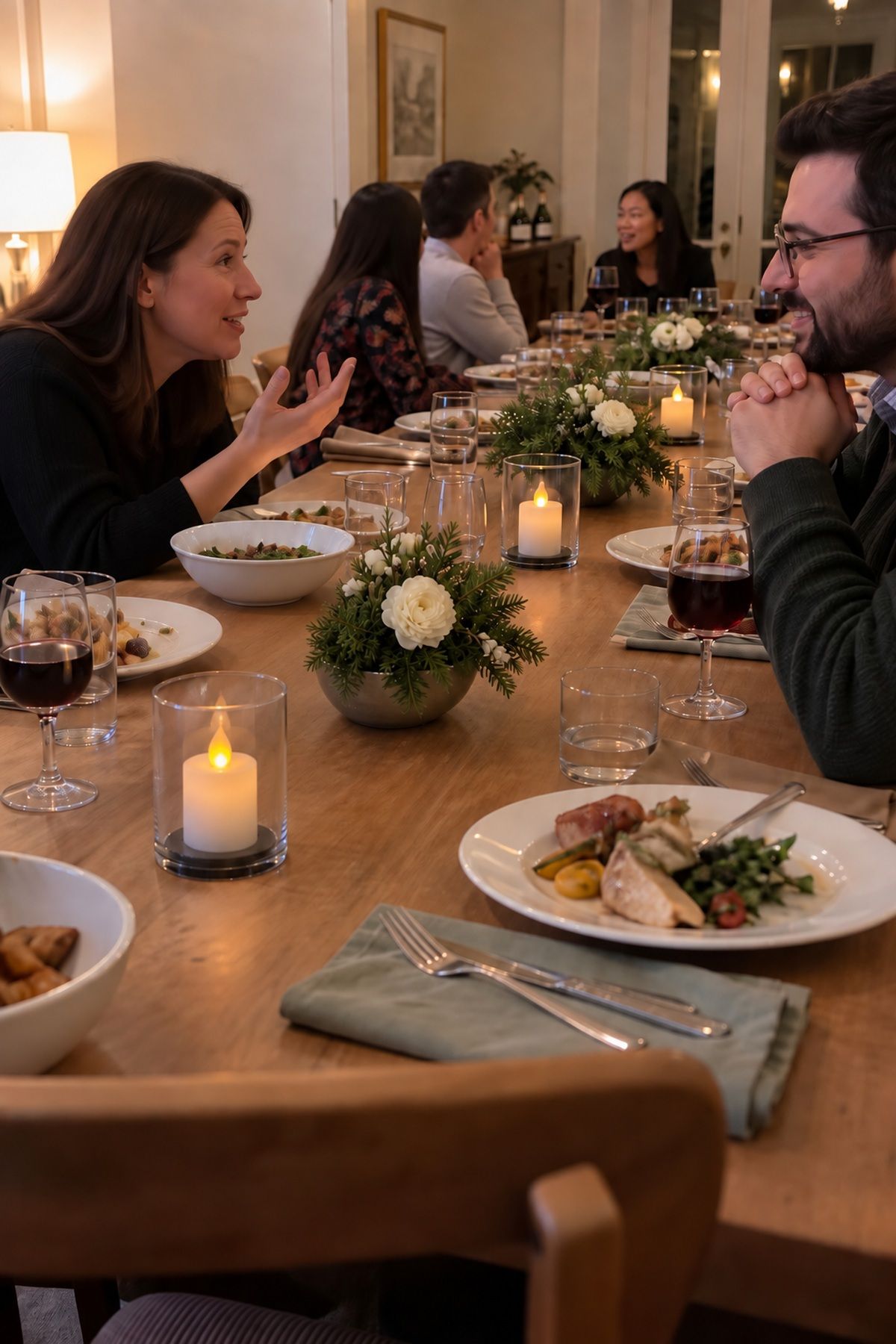 Low evergreen centerpieces and flameless candles leave room for conversation and dinner service.