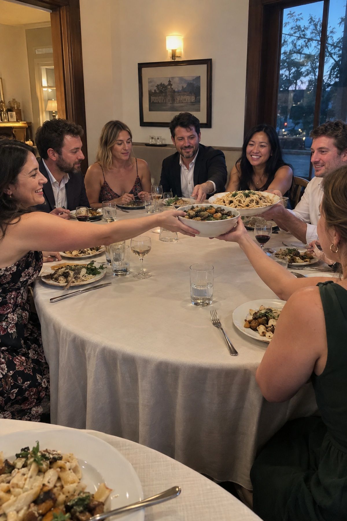 A small winter wedding dinner shares pasta and roasted vegetables family style.