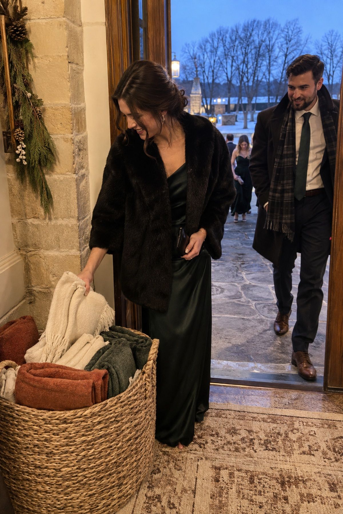A guest picks up a folded throw from a blanket basket near the winter venue entrance.