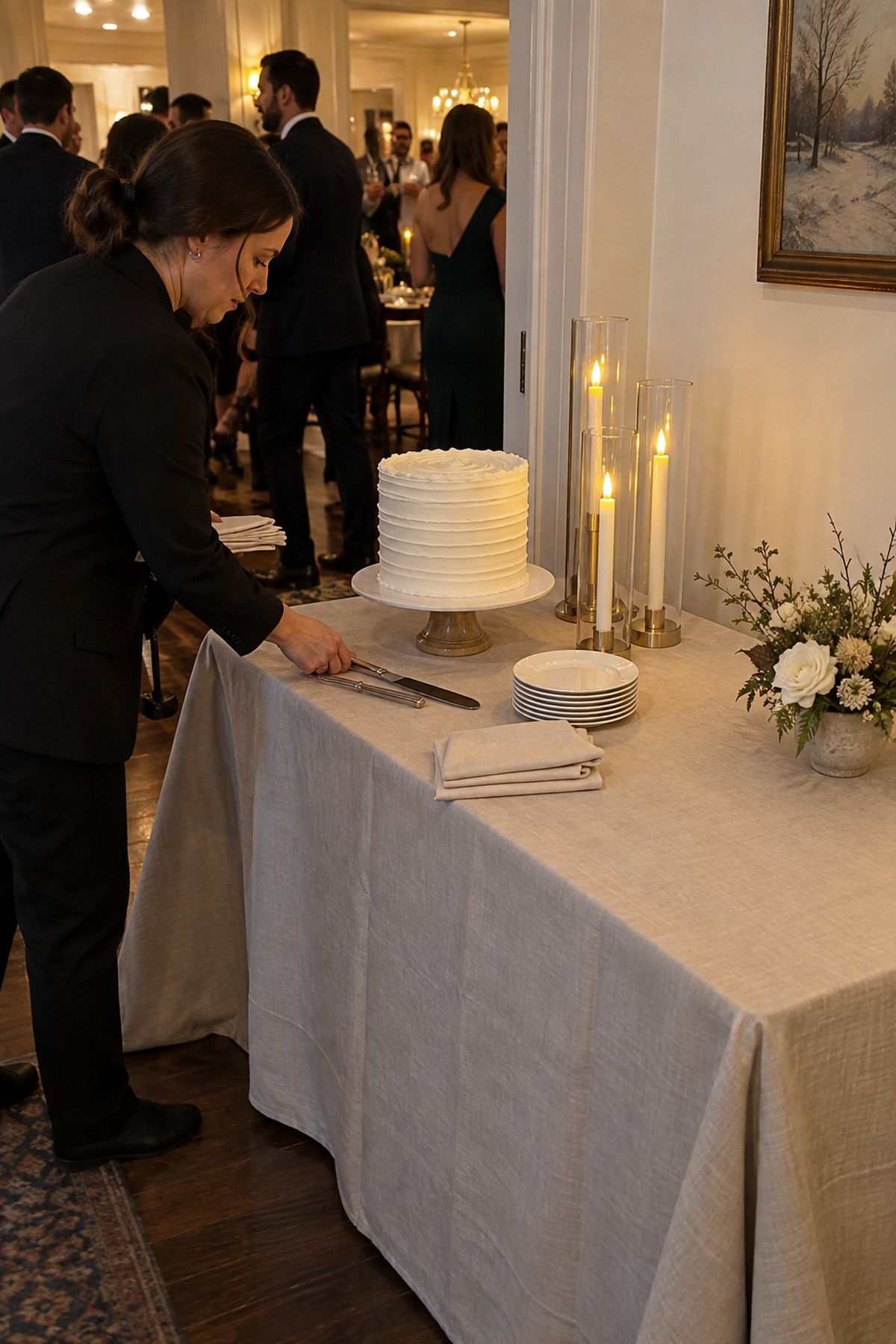 A simple winter wedding cake table uses protected warm lights and restrained flowers.