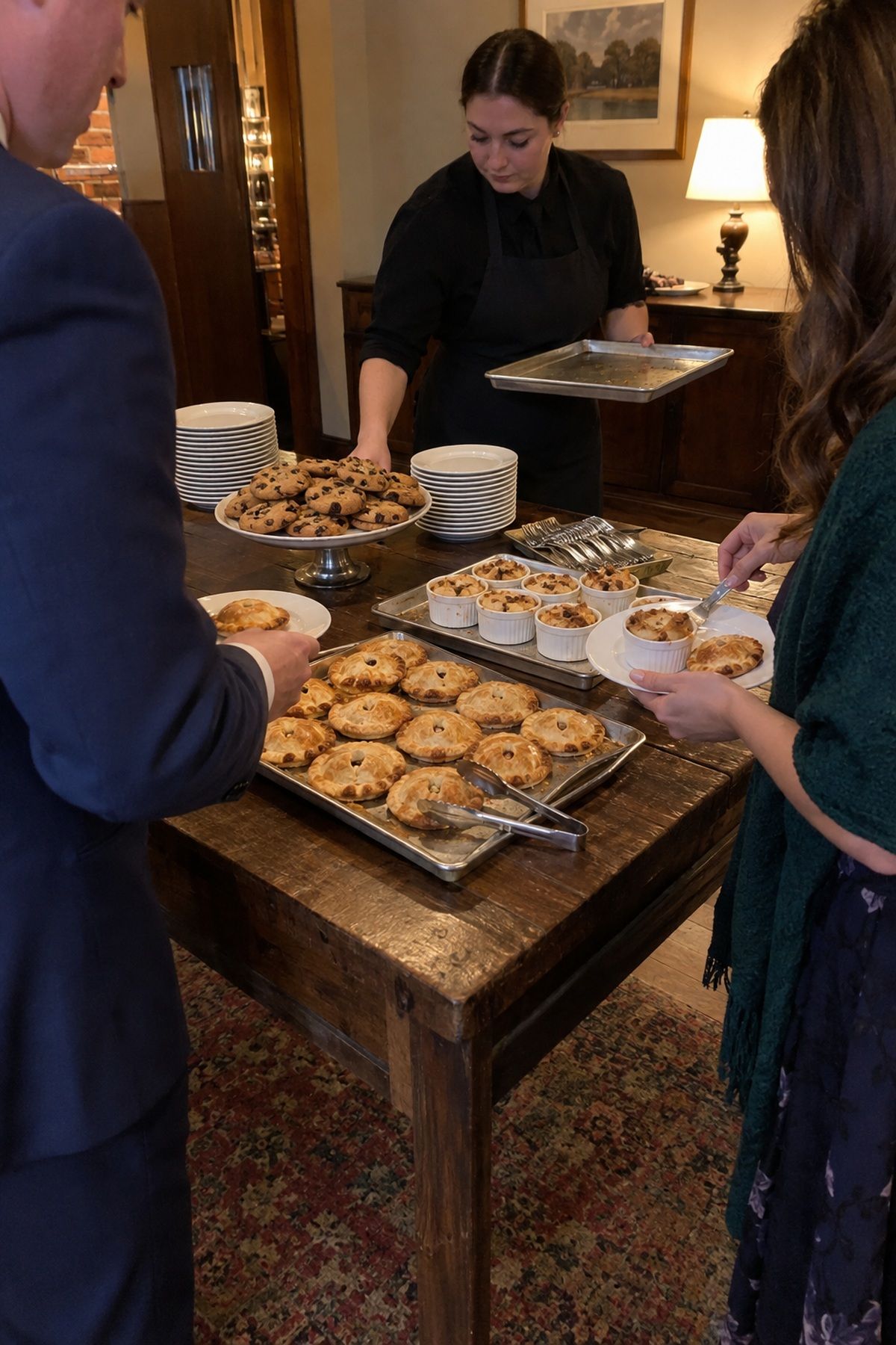 Guests choose small pies and baked treats from a winter wedding dessert station.