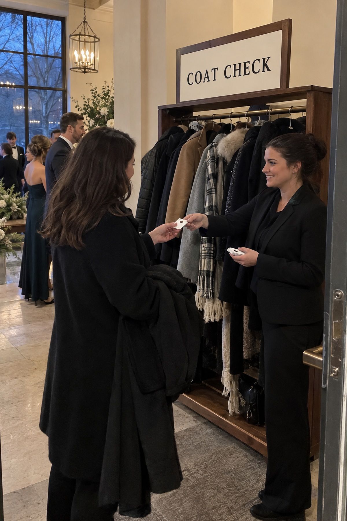 A staffed winter wedding coat check has a large clear sign and organized coat rack.