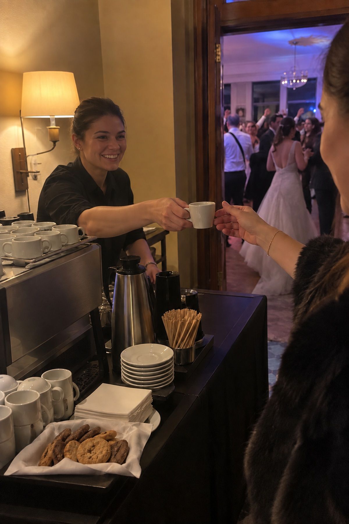A guest receives espresso at a compact late-night winter wedding coffee bar.