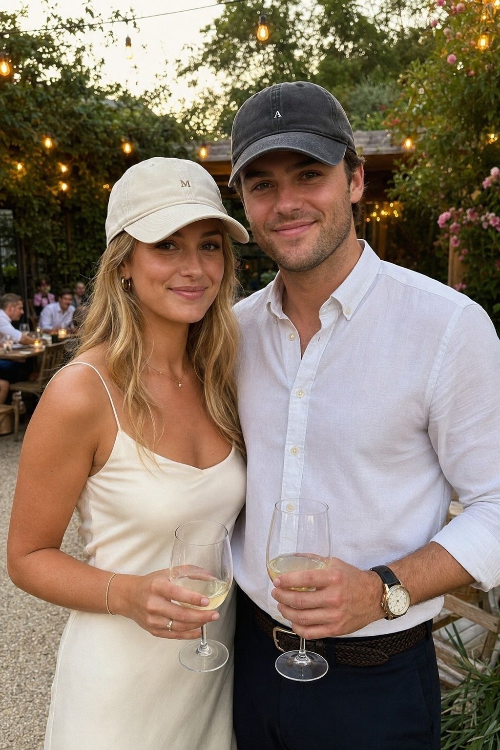 Bride and groom wearing coordinated custom caps at a garden welcome party