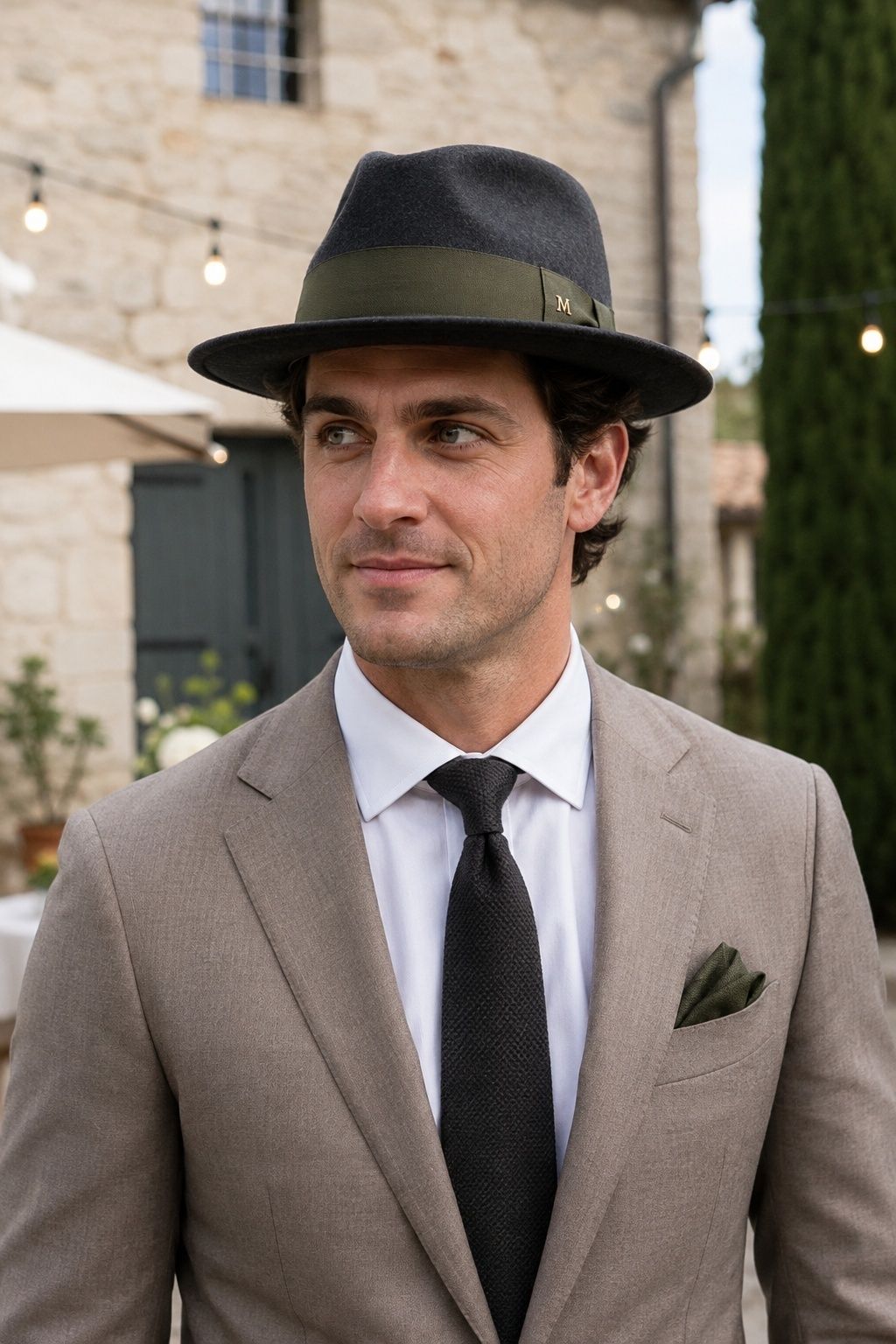 Groom in a taupe suit wearing a custom charcoal wool fedora