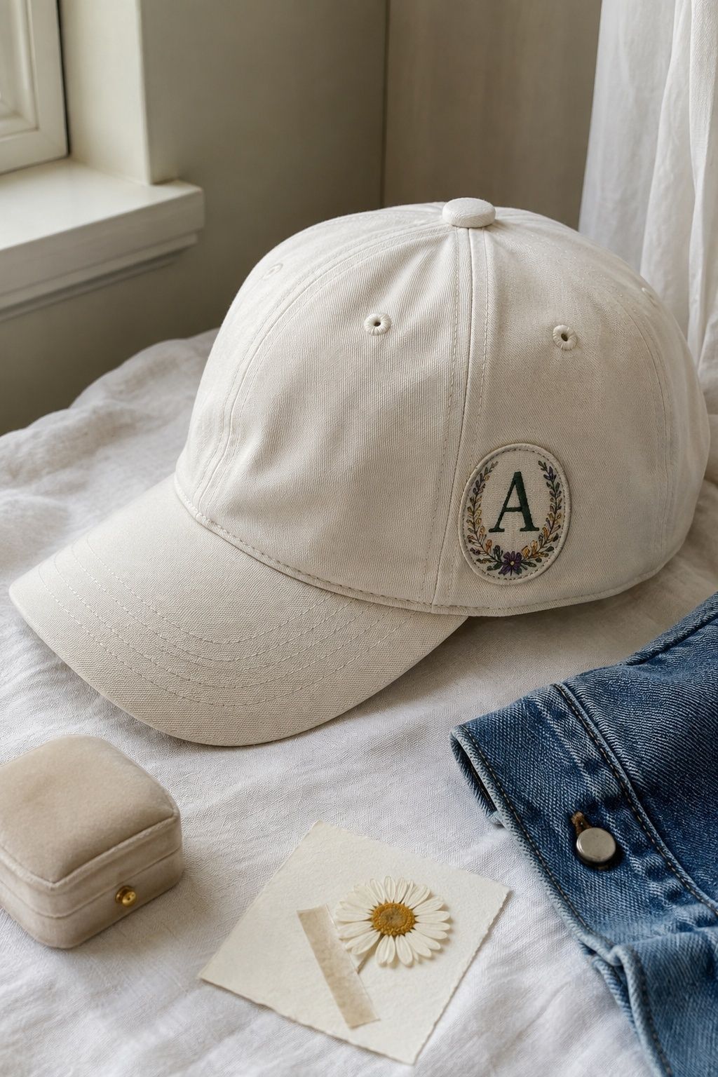 Cream wedding cap with a removable embroidered initial patch