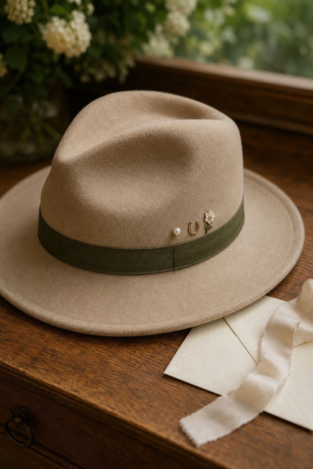 Sand felt wedding fedora with pearl horseshoe and wildflower hat pins