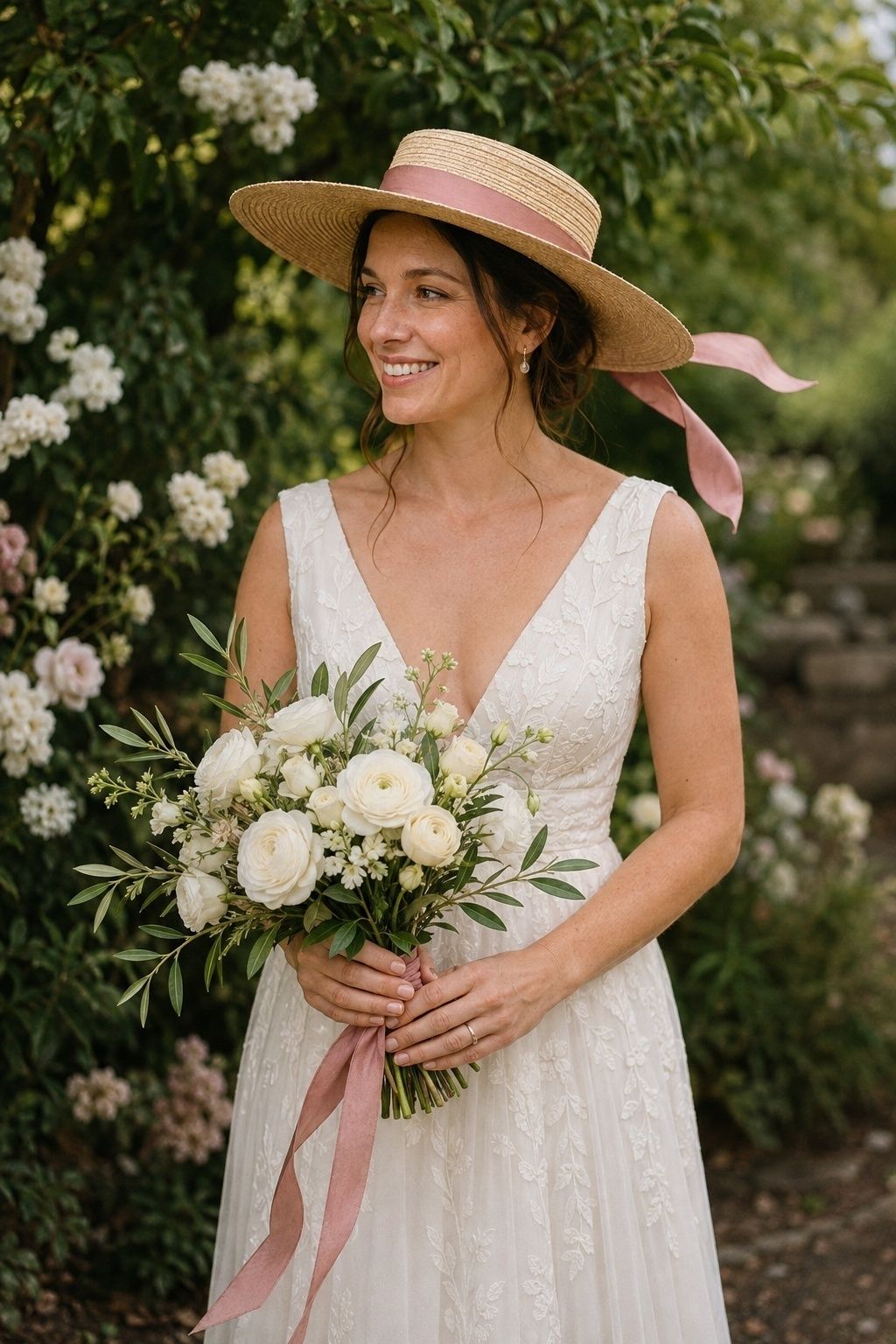 Bride wearing a straw hat with dusty rose ribbon matching her bouquet