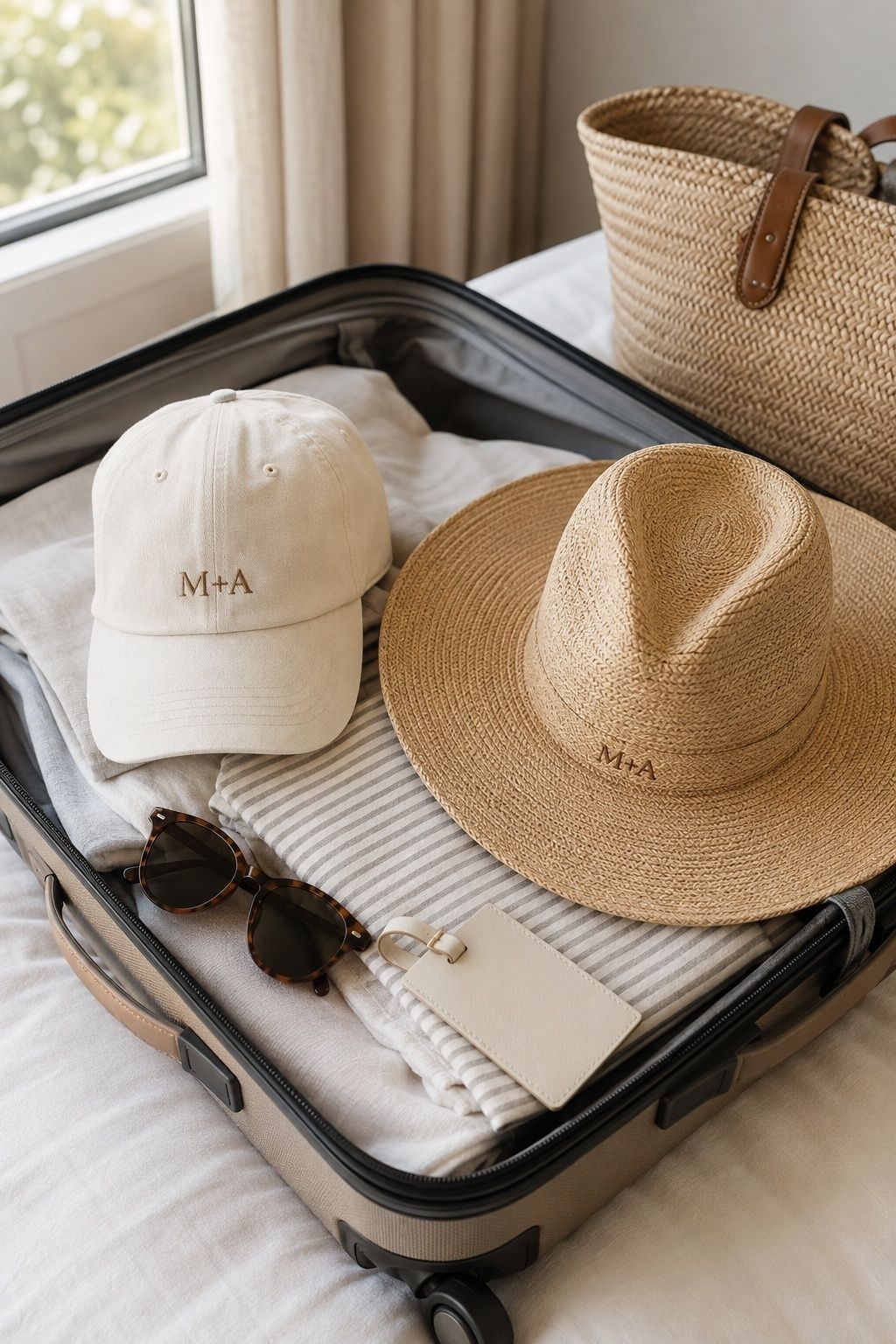Personalized honeymoon hats arranged on a compact carry-on