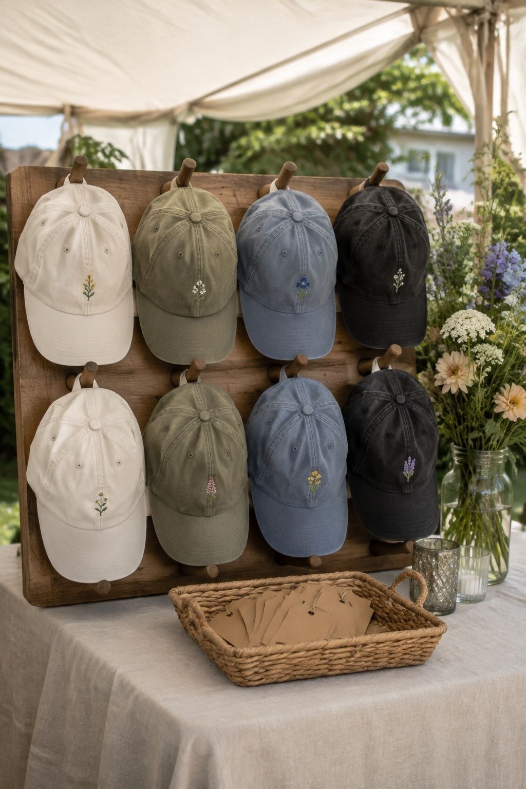 Coordinated custom caps displayed as wearable guest favors at a small wedding