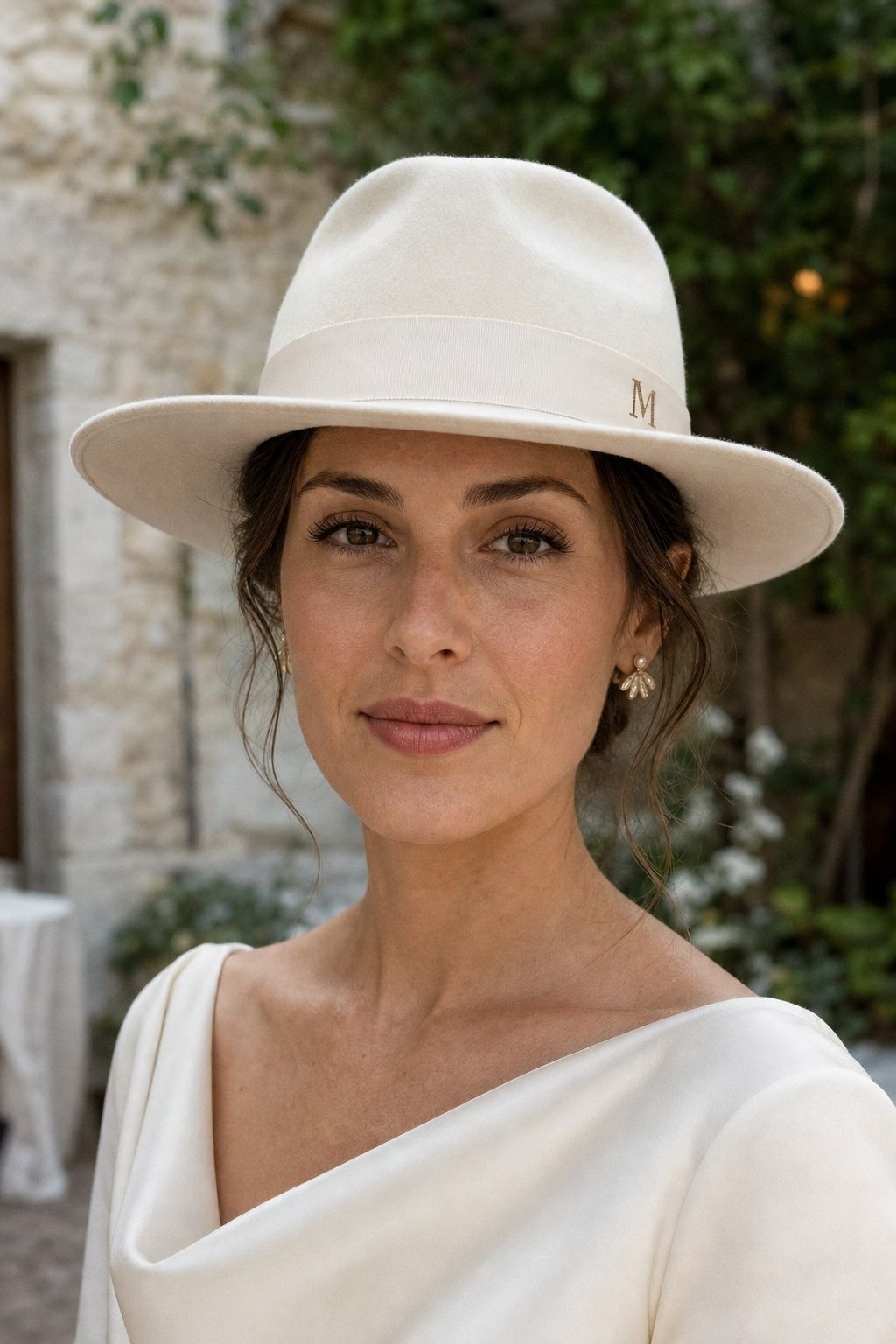 Close bridal portrait showing a photo-ready cream custom wedding hat