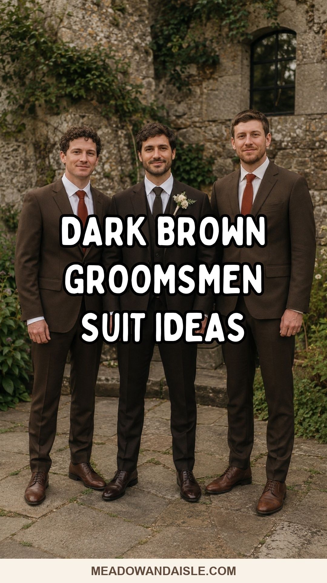 Dark brown groomsmen suit ideas with a groom and two groomsmen in coordinated brown tailoring.