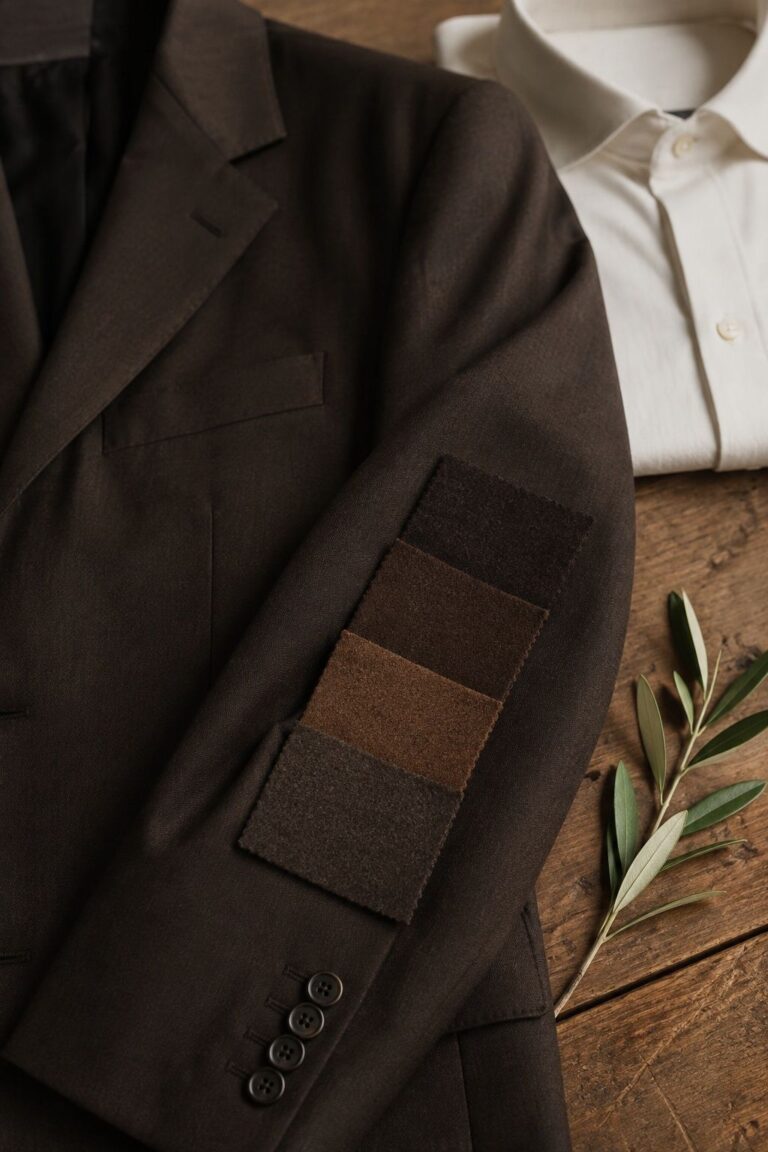 Dark brown wool swatches beside a chocolate suit jacket and cream shirt.