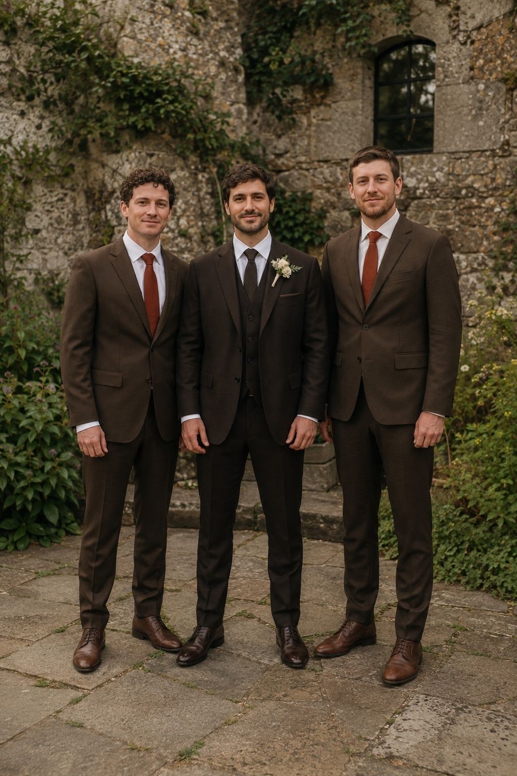 Groom in an espresso three-piece suit beside two groomsmen in chocolate suits.