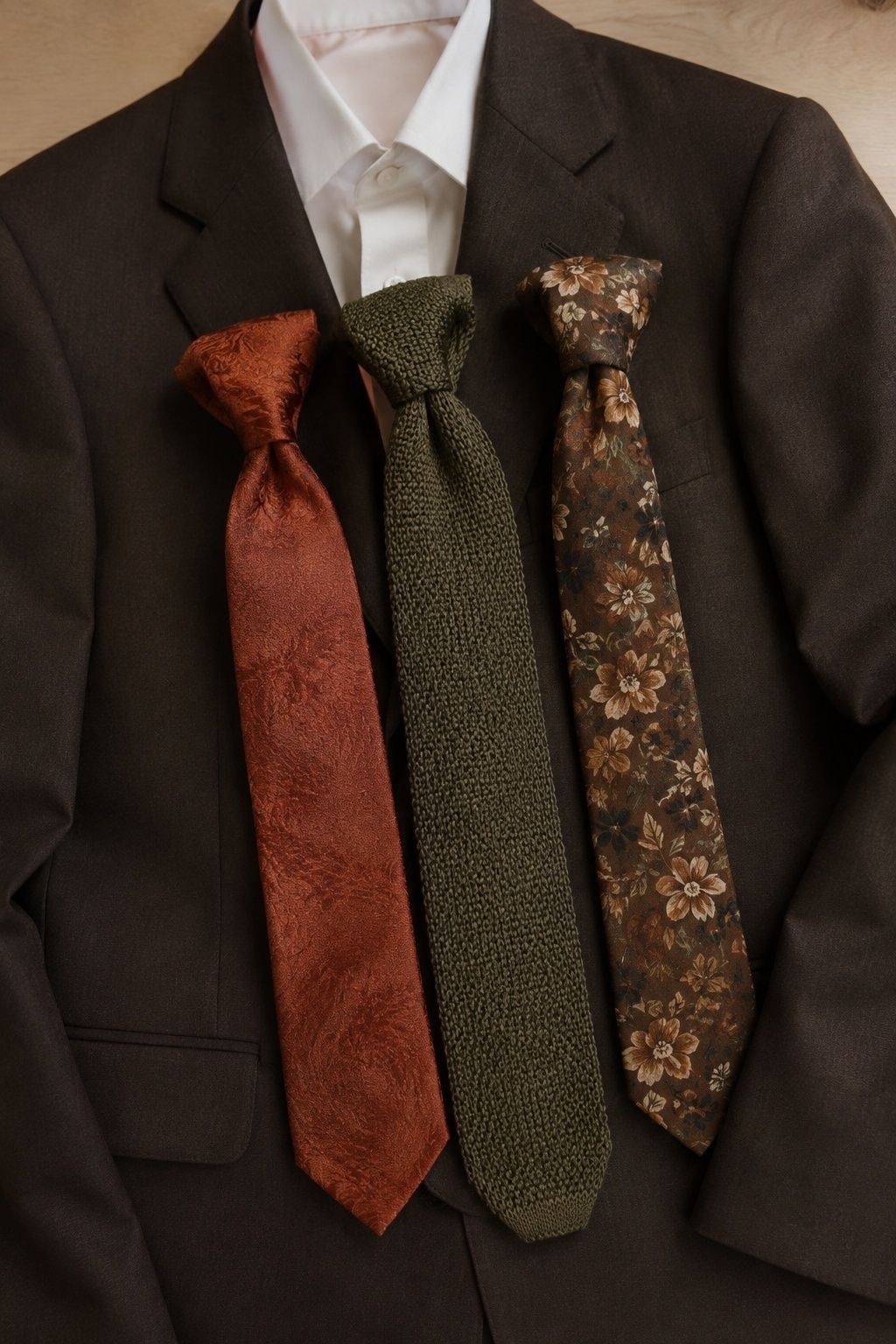 Rust jacquard, olive knit and muted floral ties paired with an espresso suit.