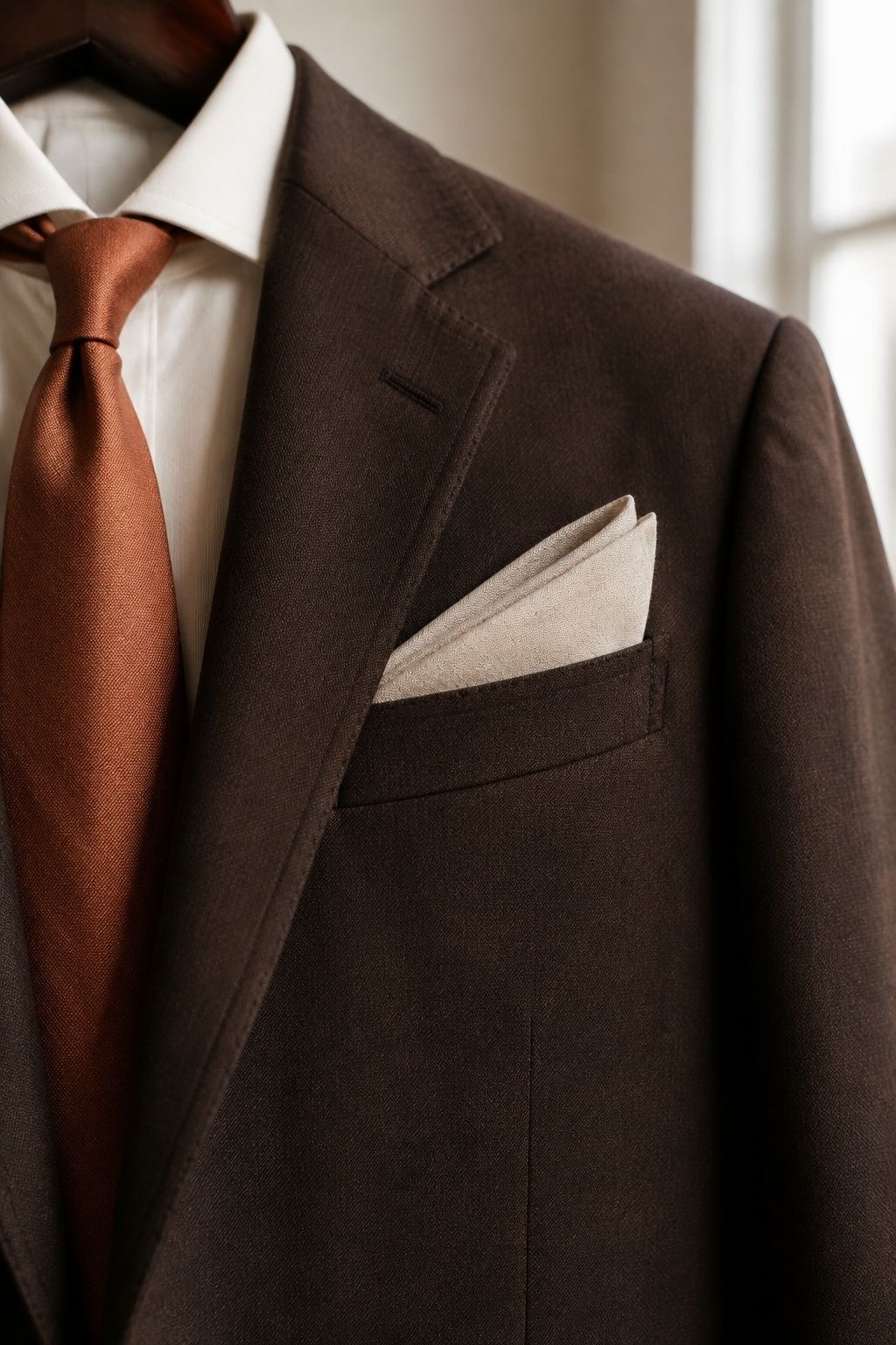 Cream linen pocket square in a neat fold on a dark brown suit.