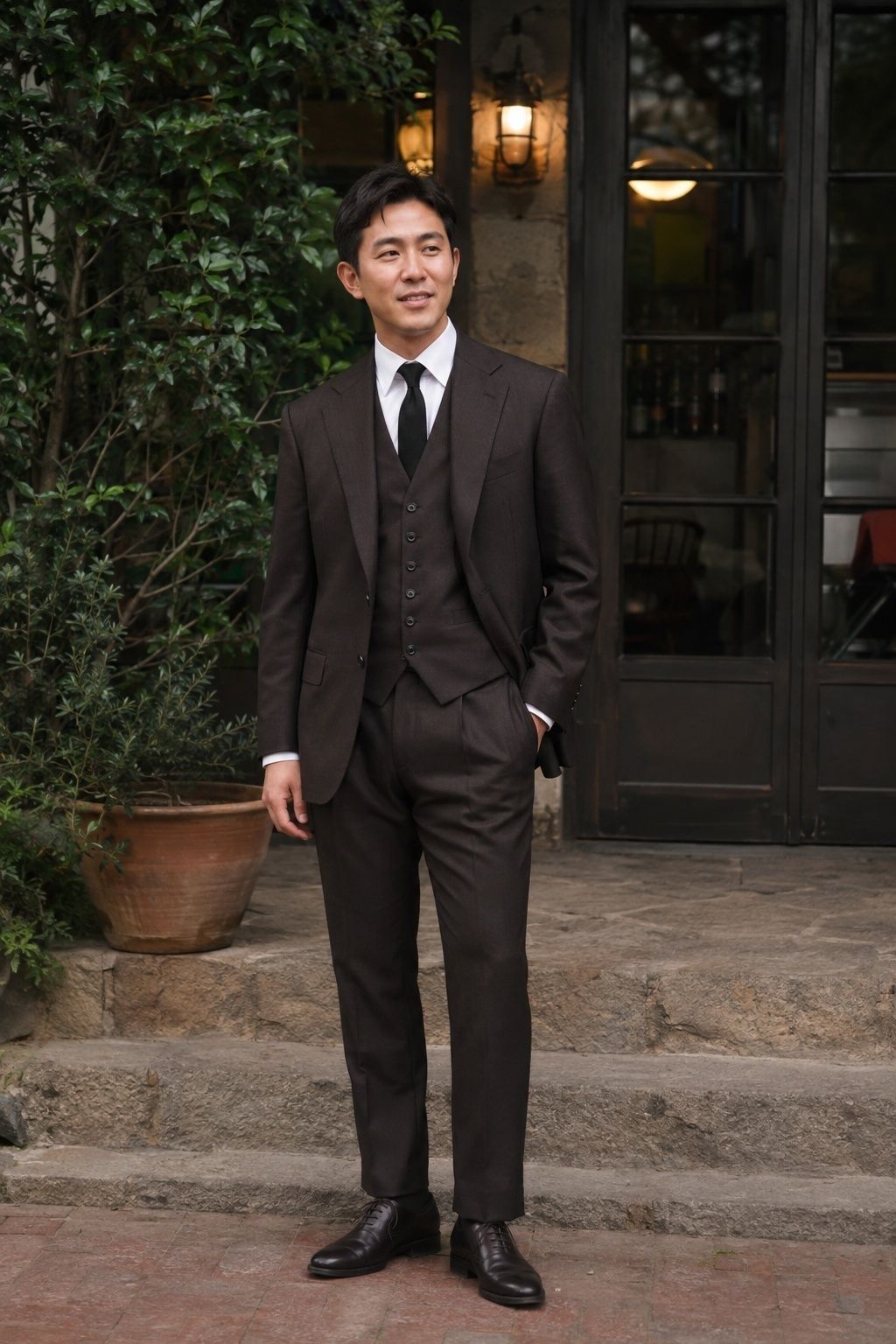 Structured espresso three-piece wedding suit with a matching waistcoat.