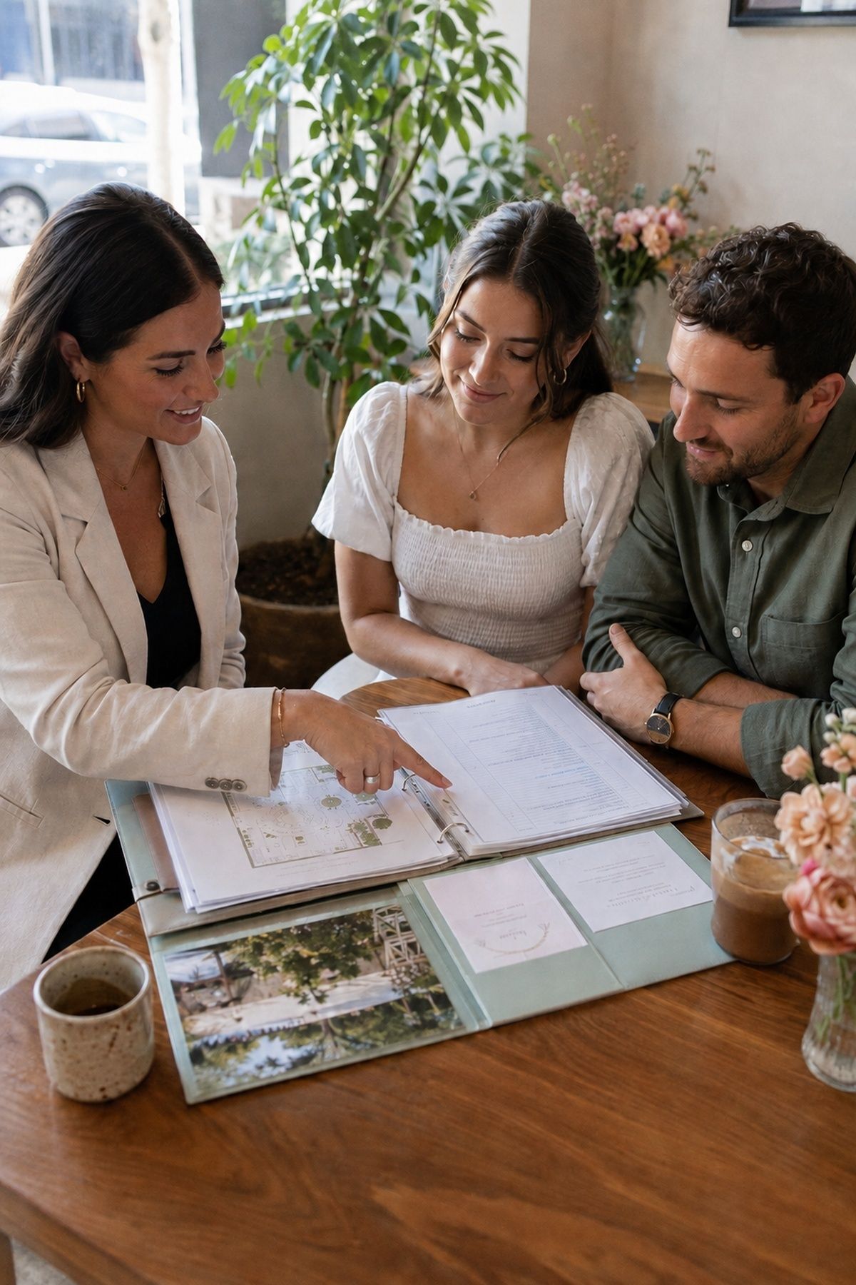 Wedding coordinator reviewing an organized early handoff binder with an engaged couple
