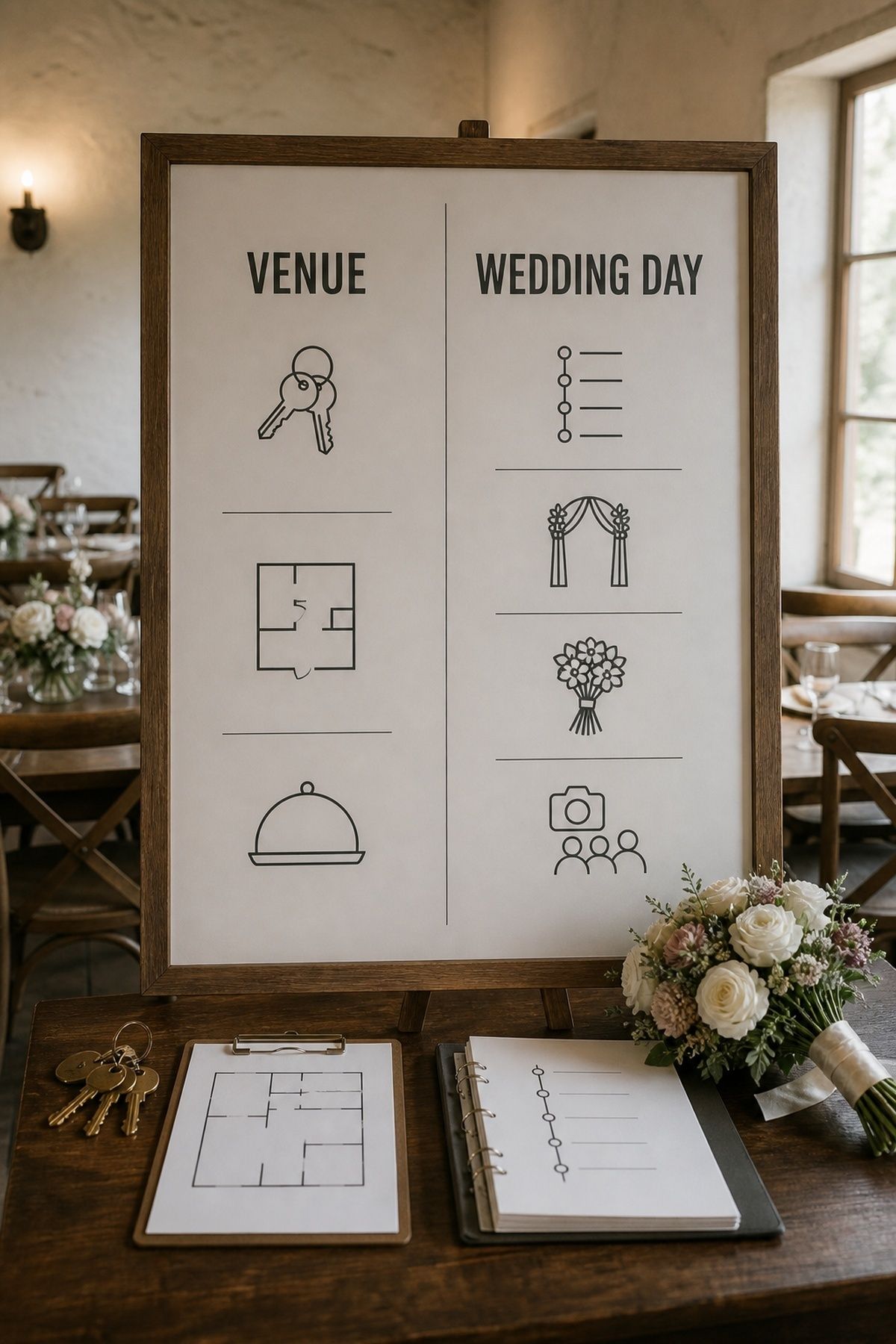 Venue and wedding day responsibility board at an intimate restaurant wedding
