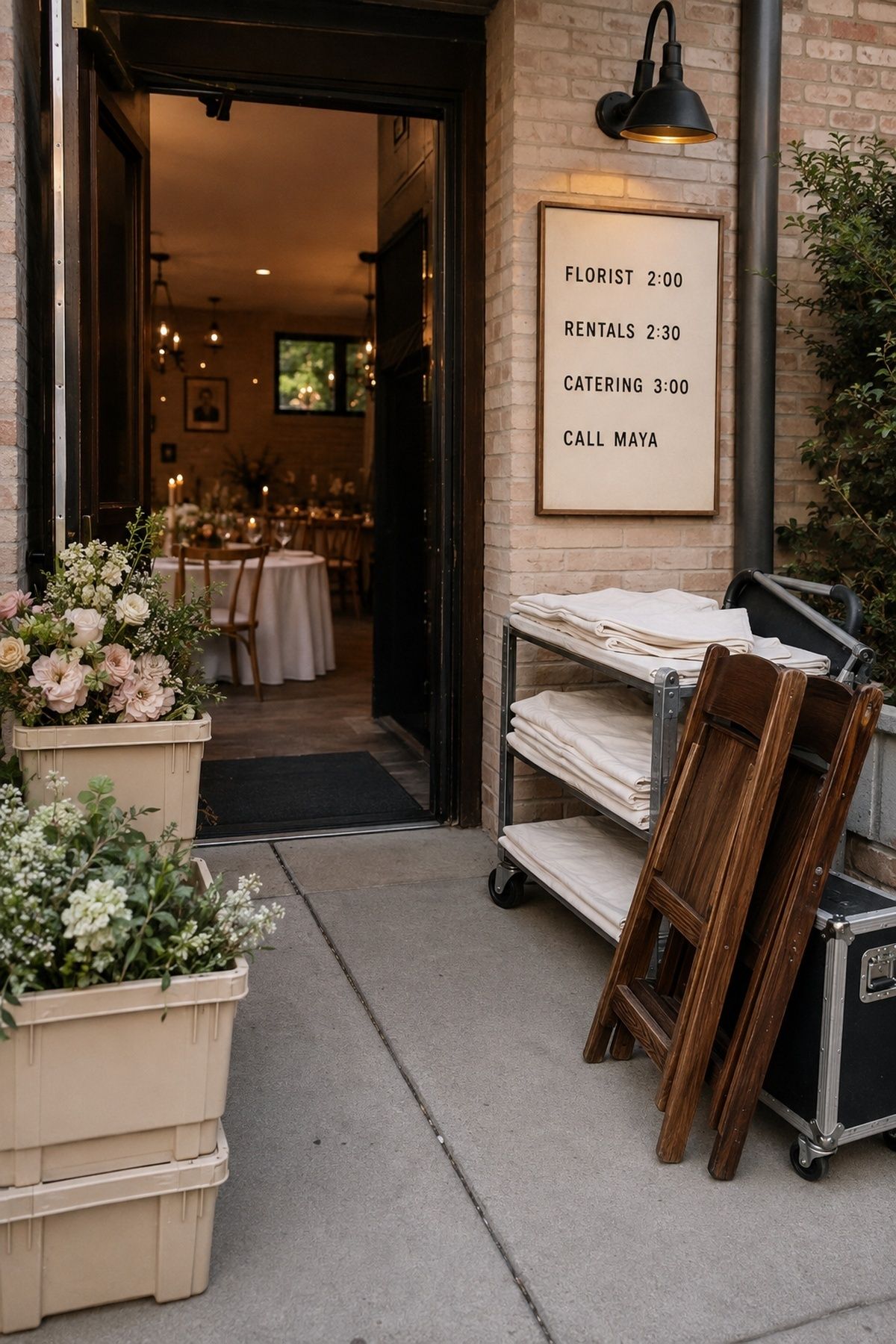 Wedding vendor load-in entrance with arrival times and coordinator contact board