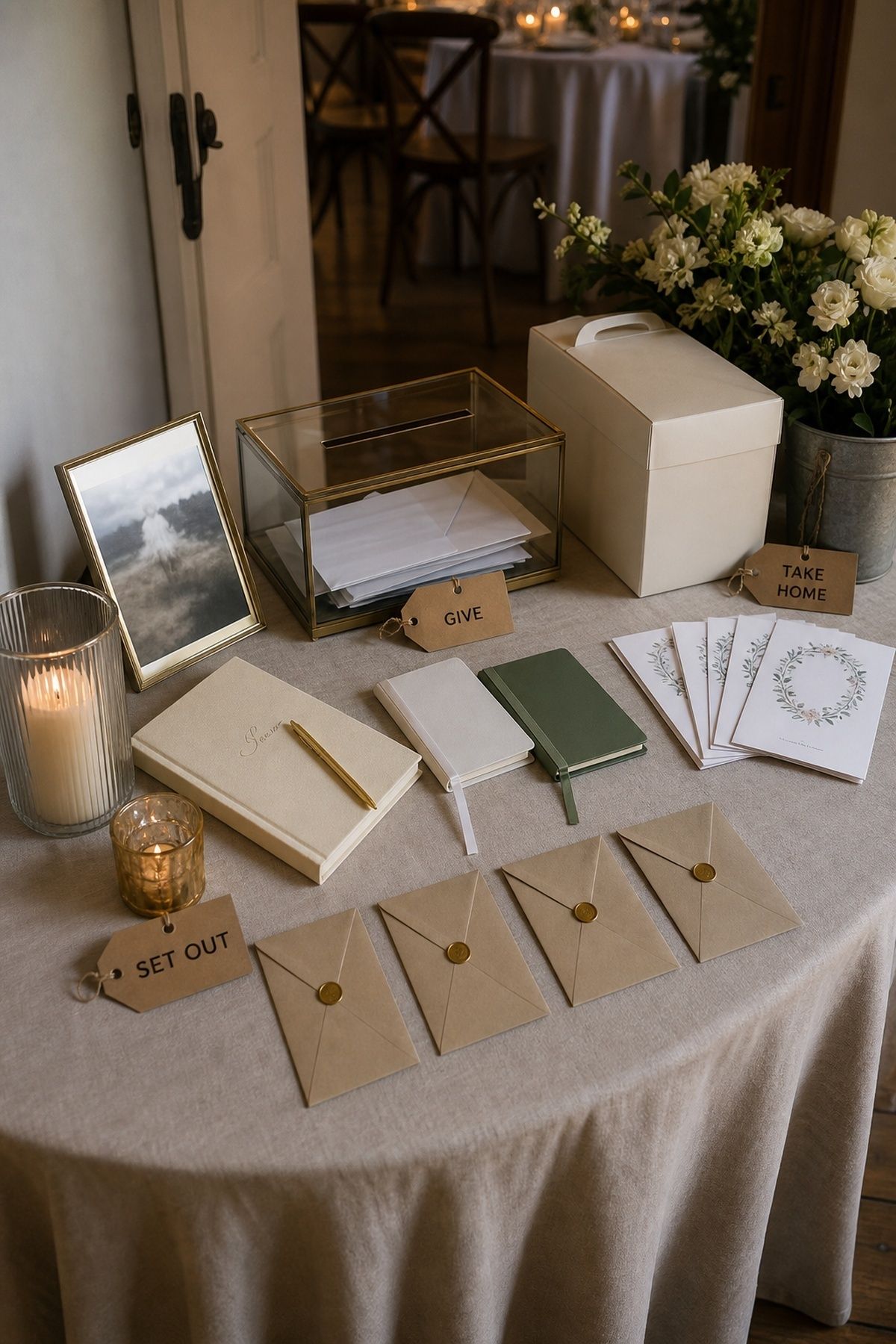Wedding responsibility station for items to set out give and take home