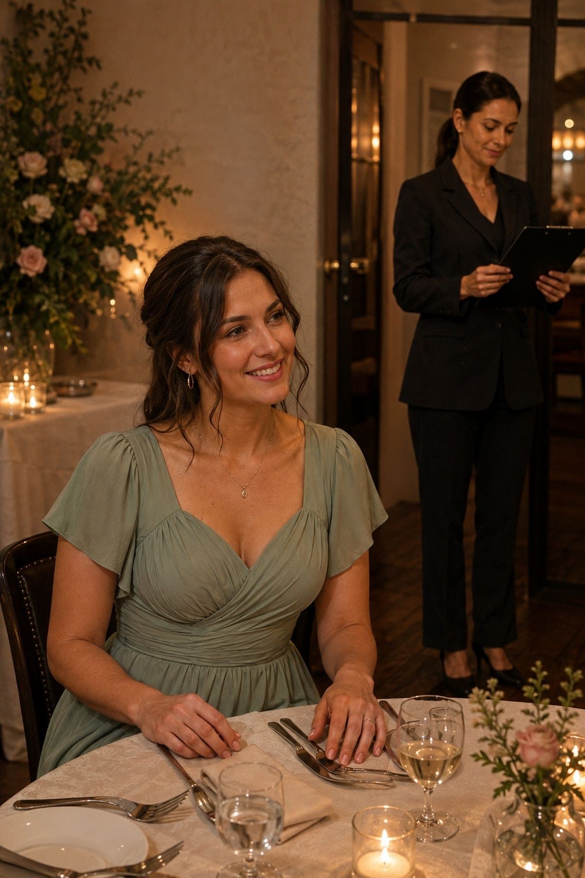 Wedding guest enjoying dinner while a professional coordinator handles logistics