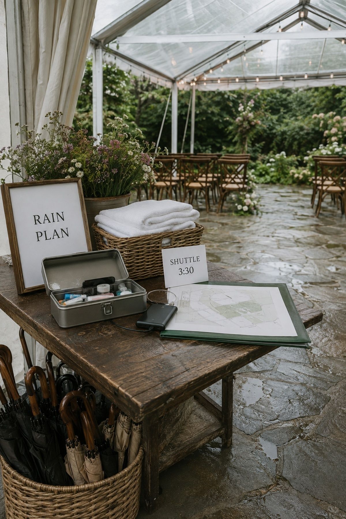 Wedding rain plan and shuttle contingency station beside a covered ceremony