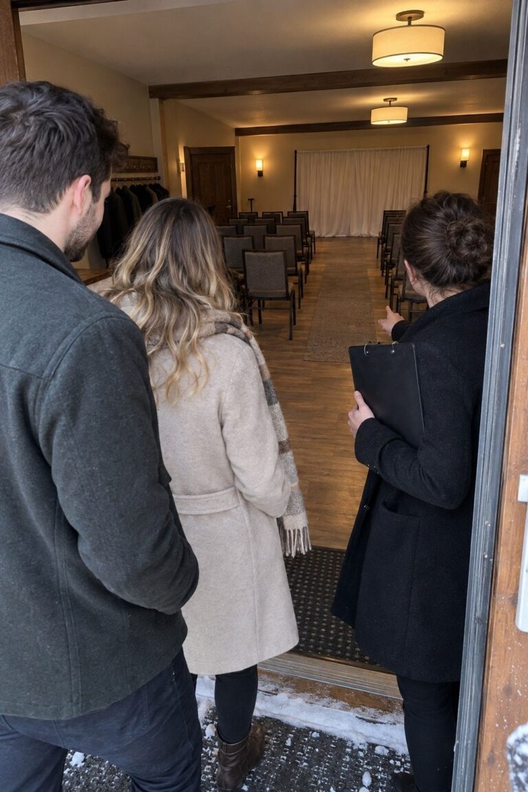 Couple and coordinator inspecting an indoor December wedding backup room